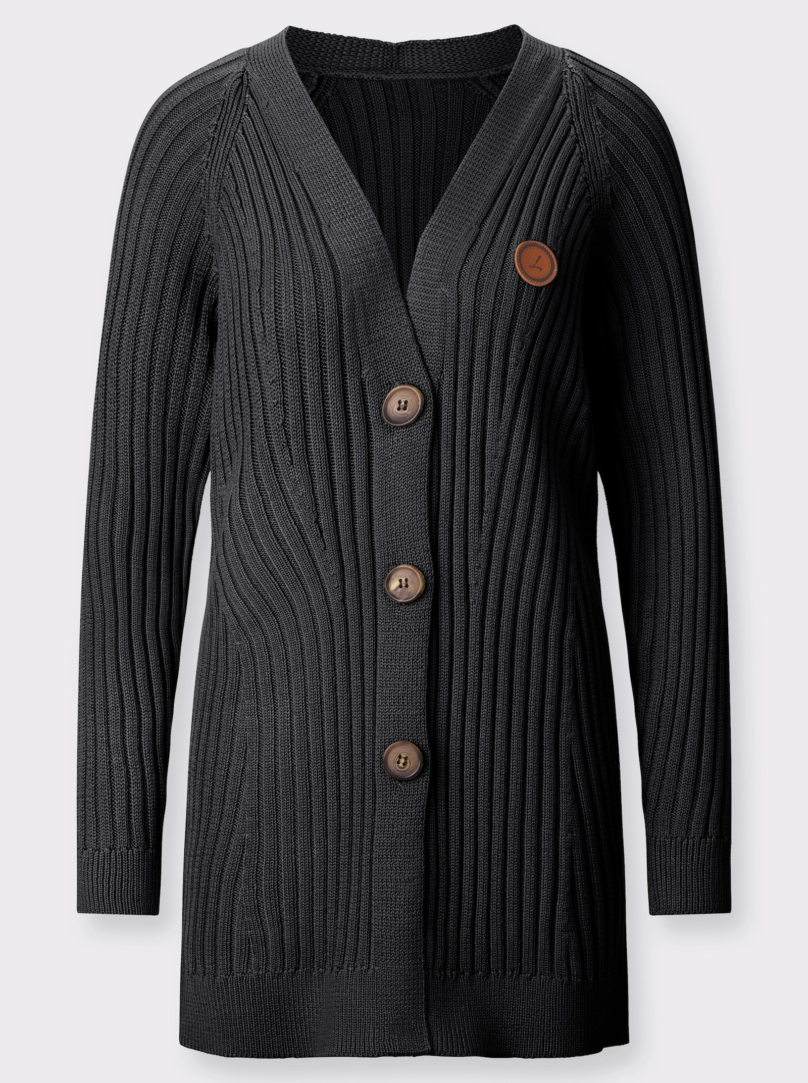 Longstrickjacke in Ripp-Optik - schwarz