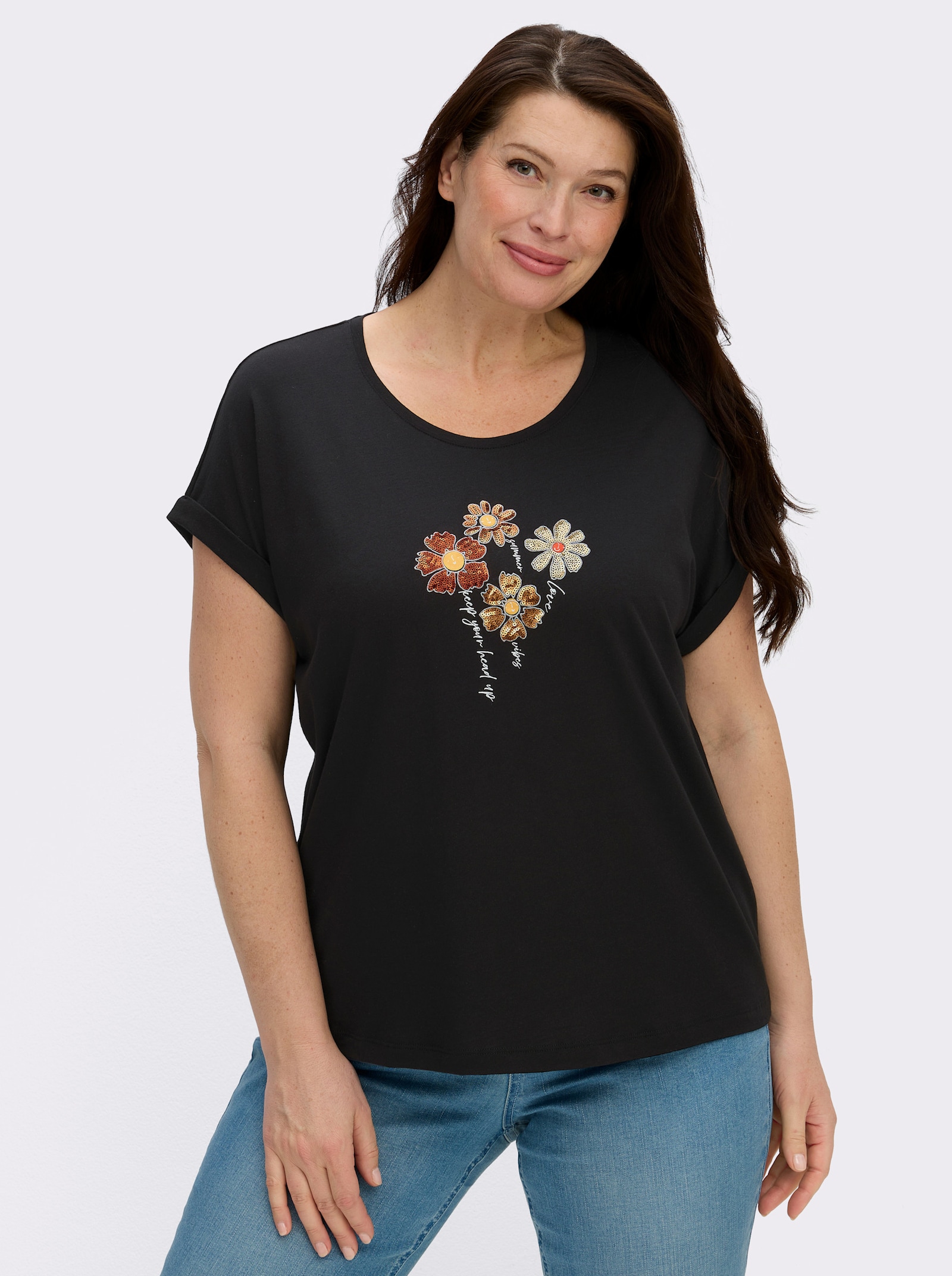 Rundhalsshirt mit Pailletten-Blüten - schwarz