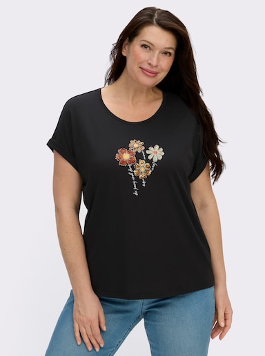 Rundhalsshirt mit Pailletten-Blüten - schwarz