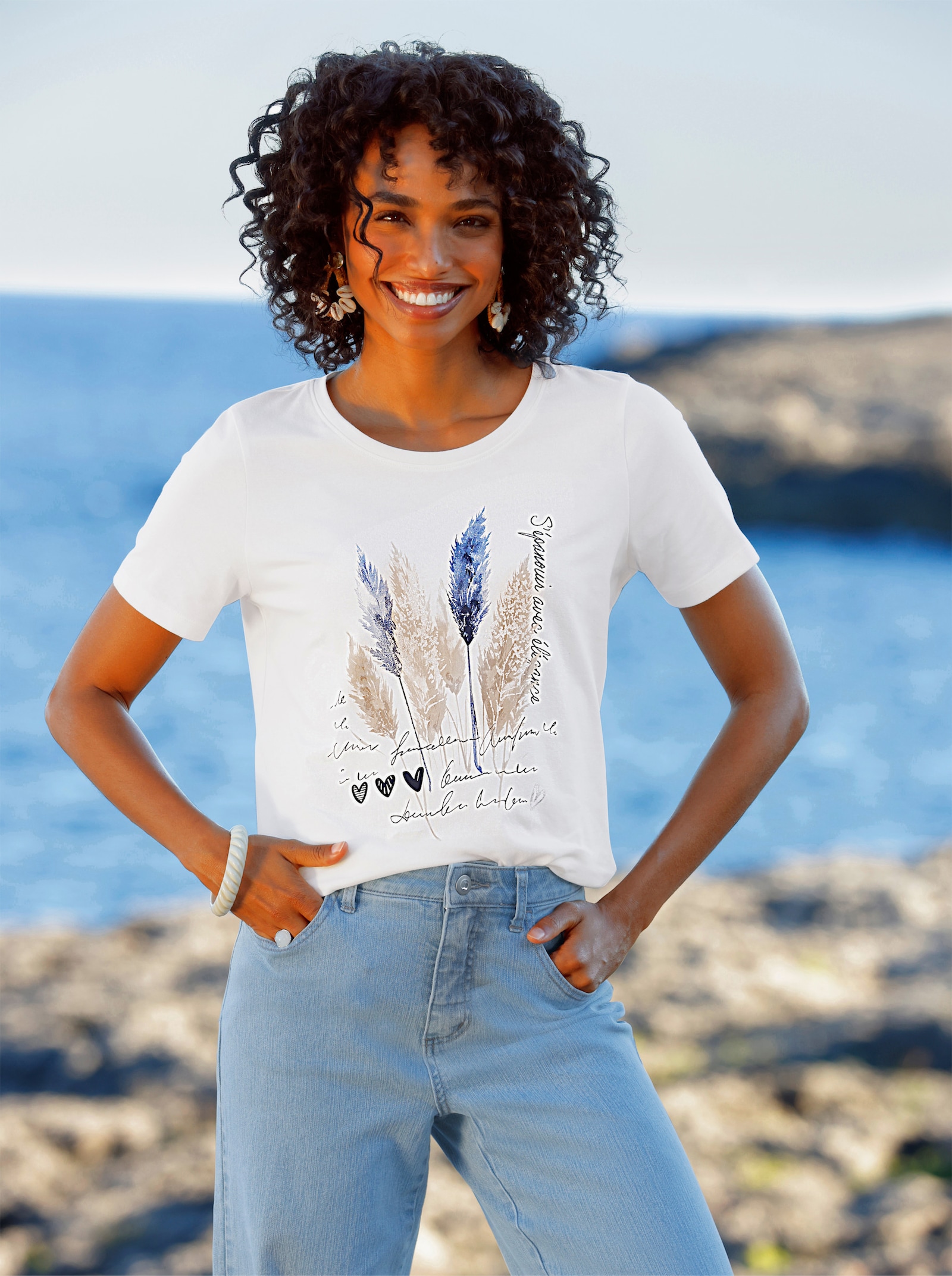 heine T-Shirt mit Feder-Motiv - ecru