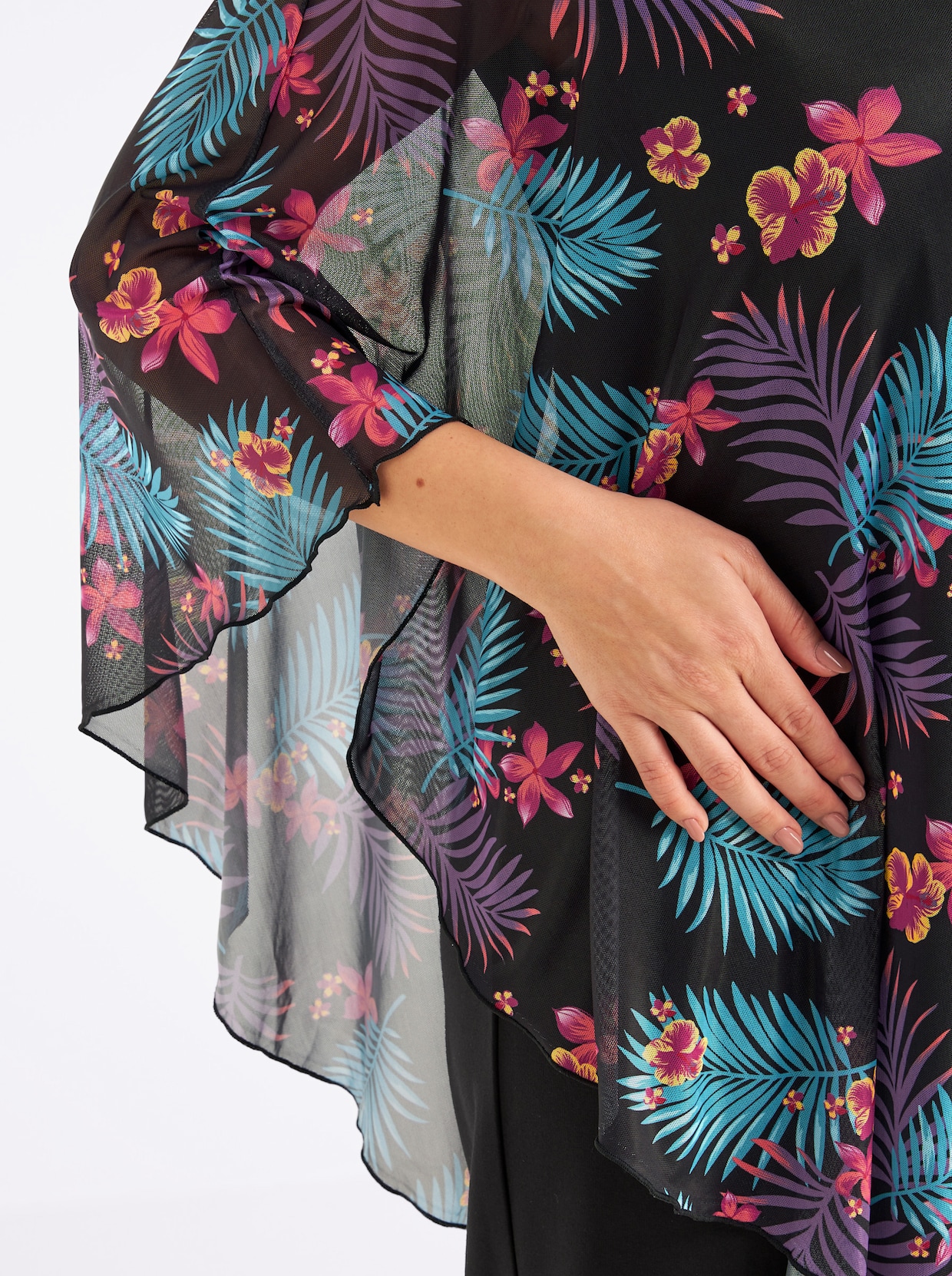 sheego Jumpsuit mit asymmetrischem Cape - schwarz-erdbeere-bedruckt