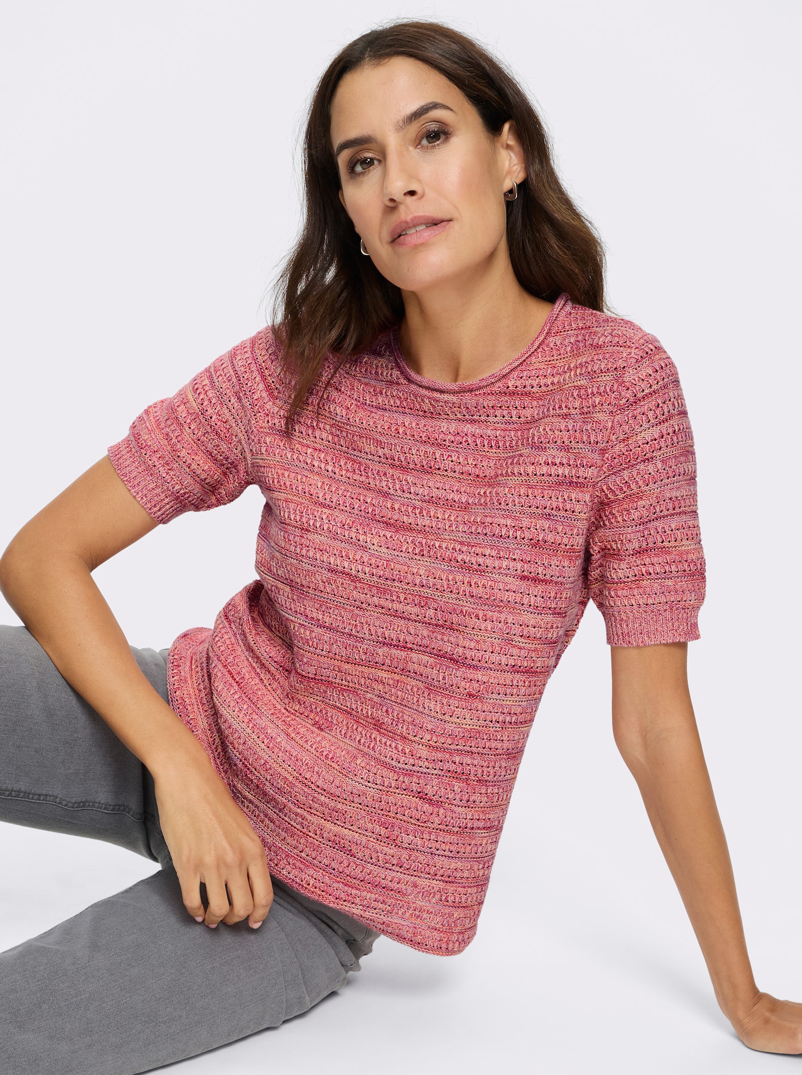 Baumwollpullover mit Ajour-Akzenten - fuchsia-koralle-meliert