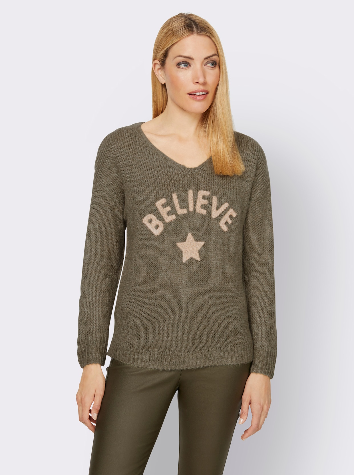 heine Pullover met V-hals - kaki gemêleerd