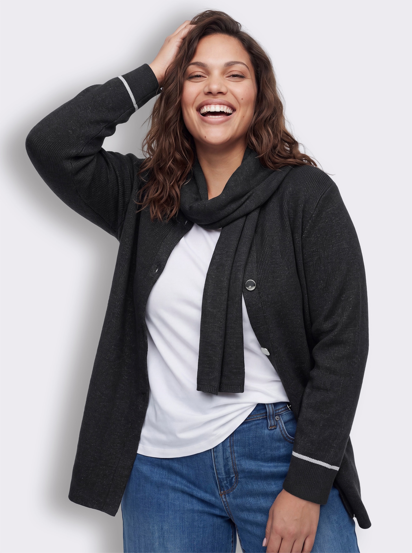 sheego Strickjacke mit Glanzgarn - schwarz-anthrazit-meliert