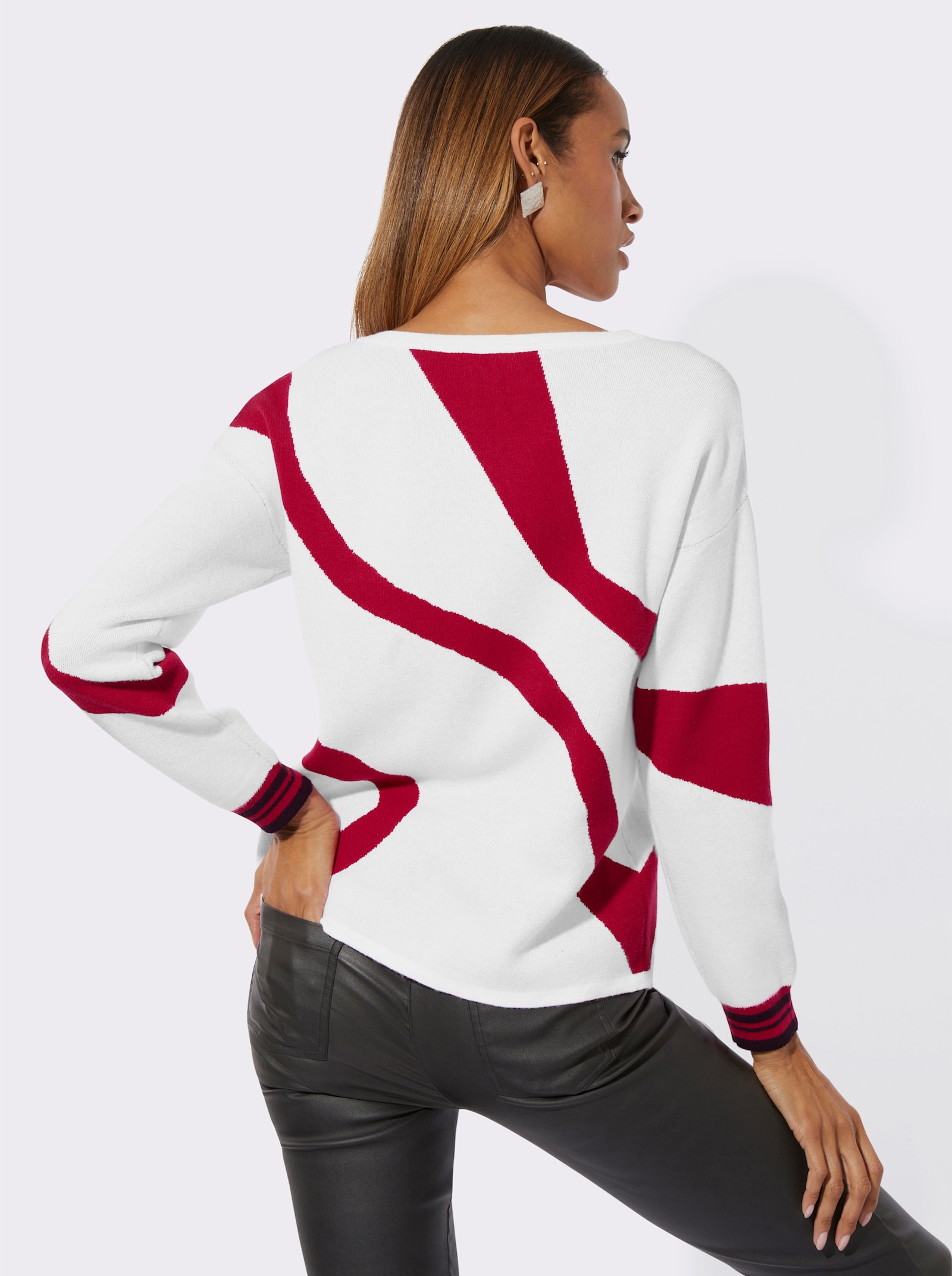 Pull à encolure ronde avec motif jacquard - blanc-rouge à motifs