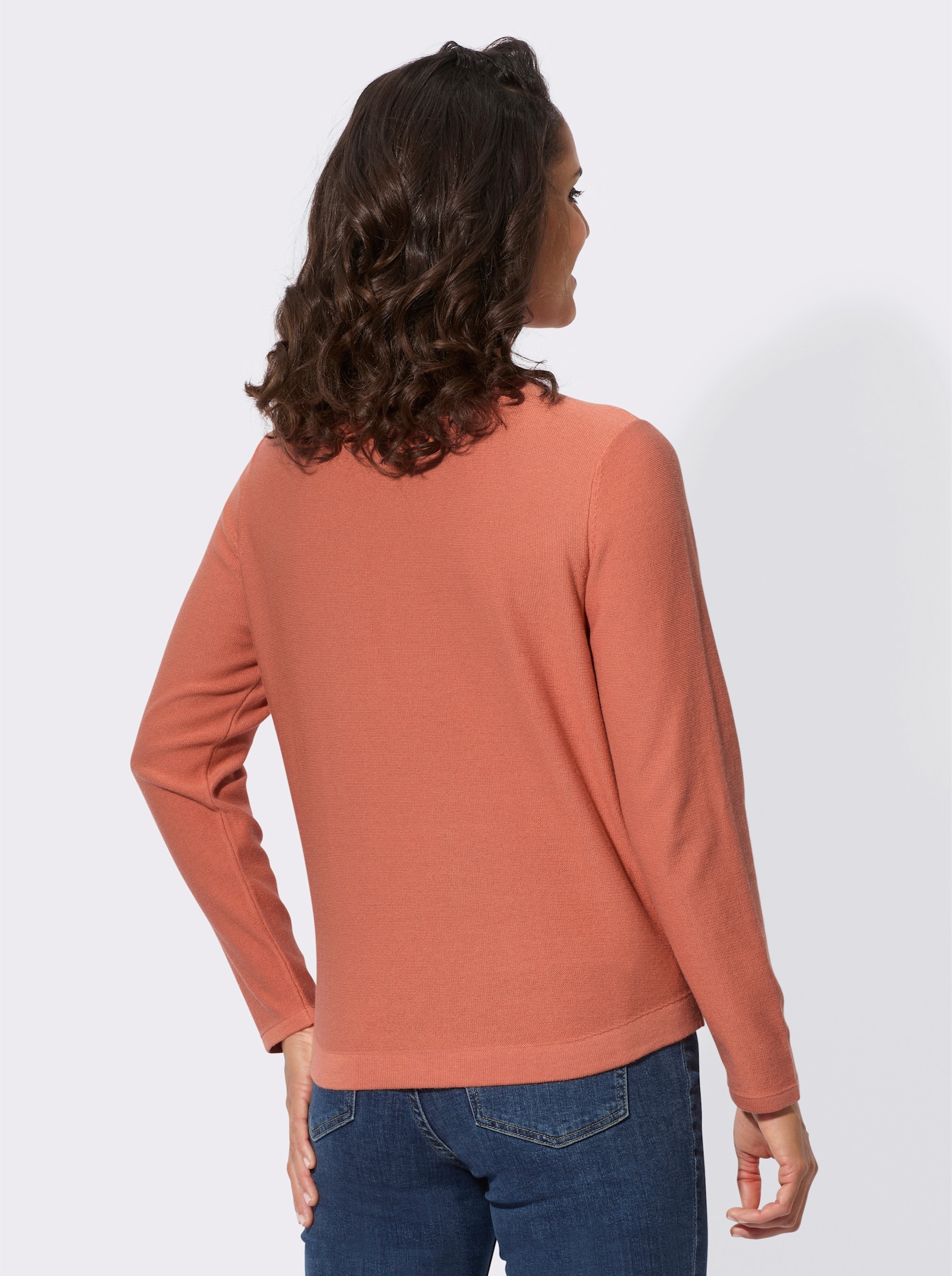 V-Ausschnitt-Pullover in Linksstrick-Optik - papaya