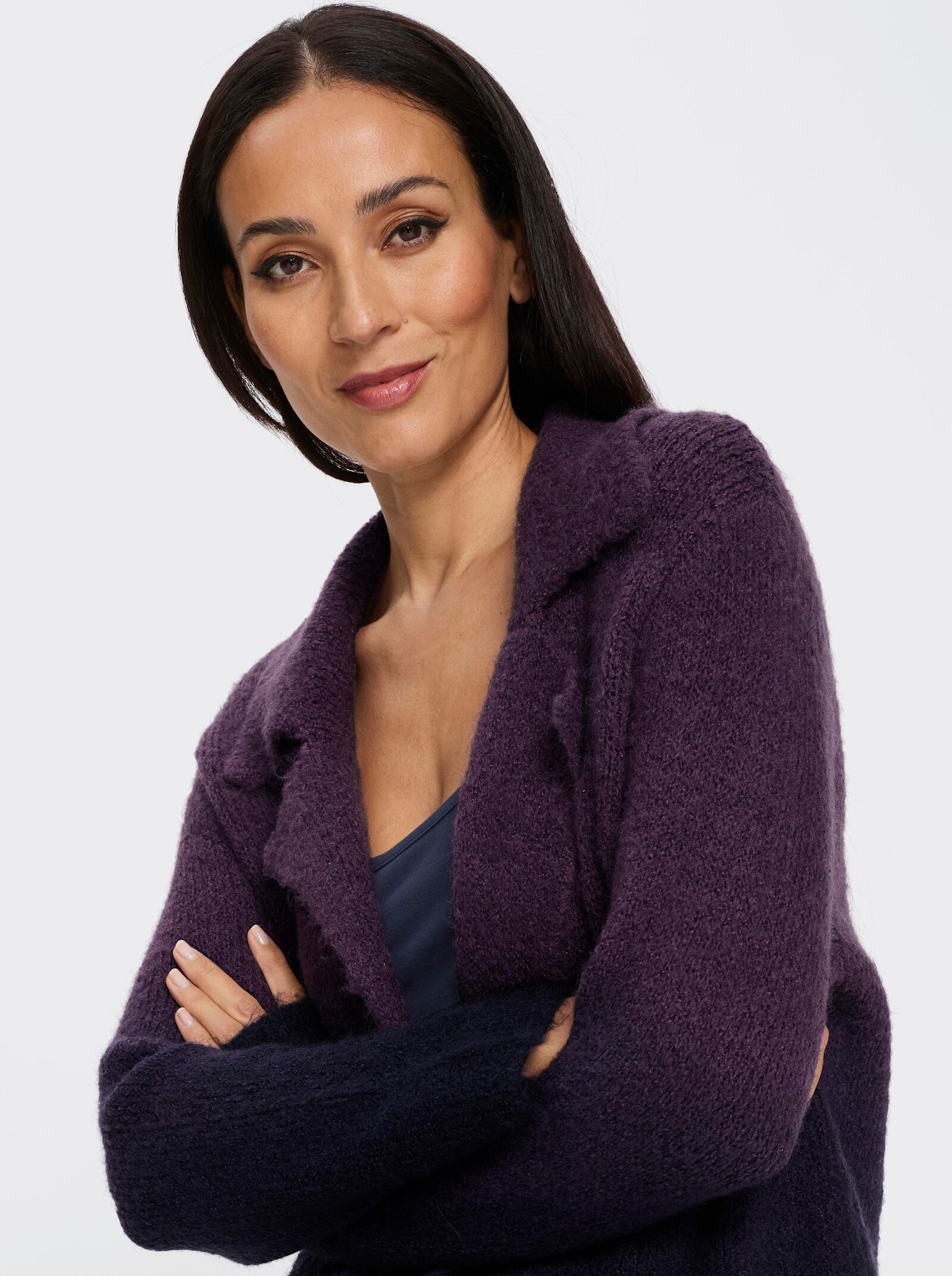 heine Strickmantel mit Fransen am Saum - marine-traube-gemustert