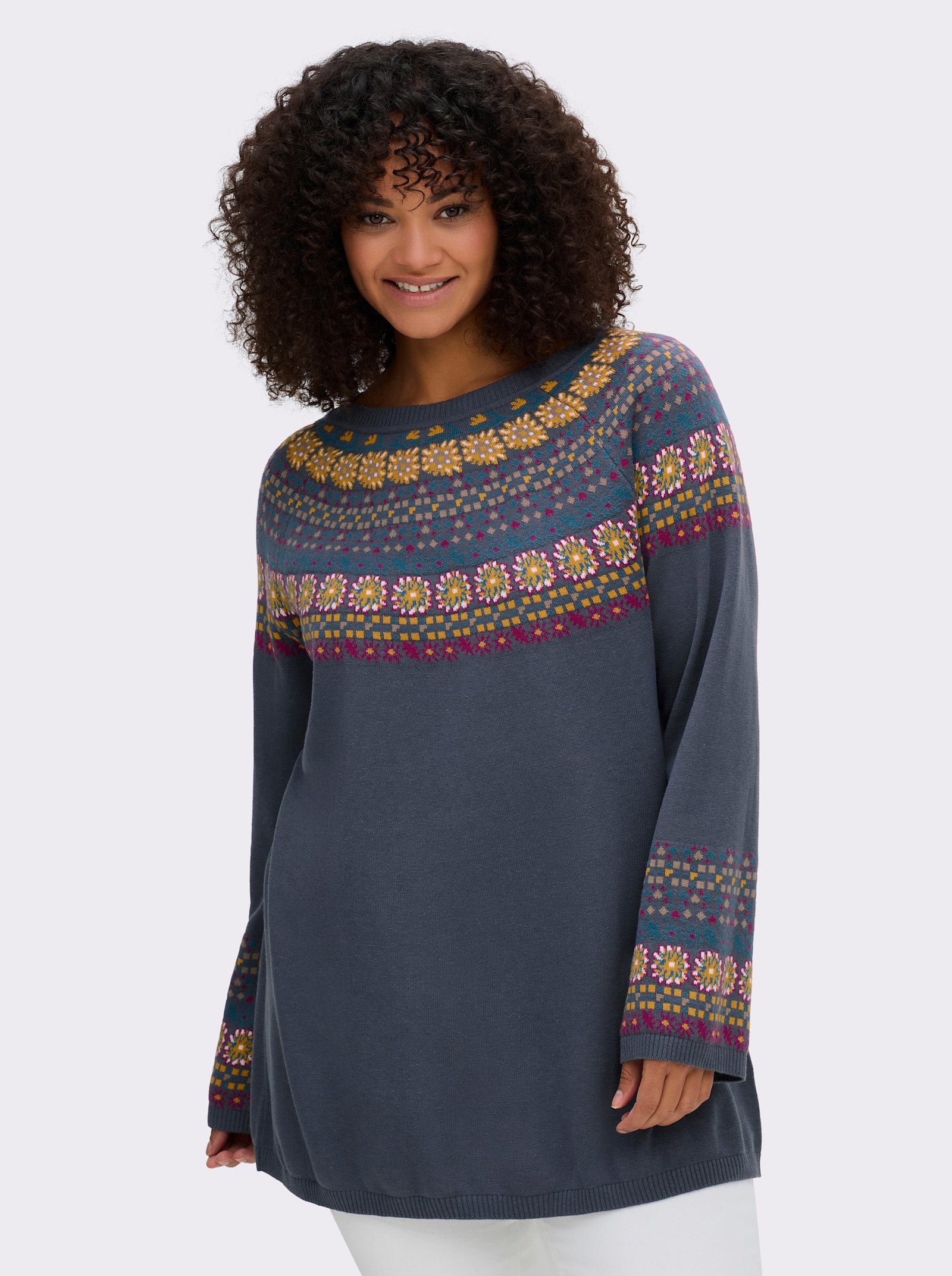 sheego Pullover met Noors jacquardpatroon - rookblauw