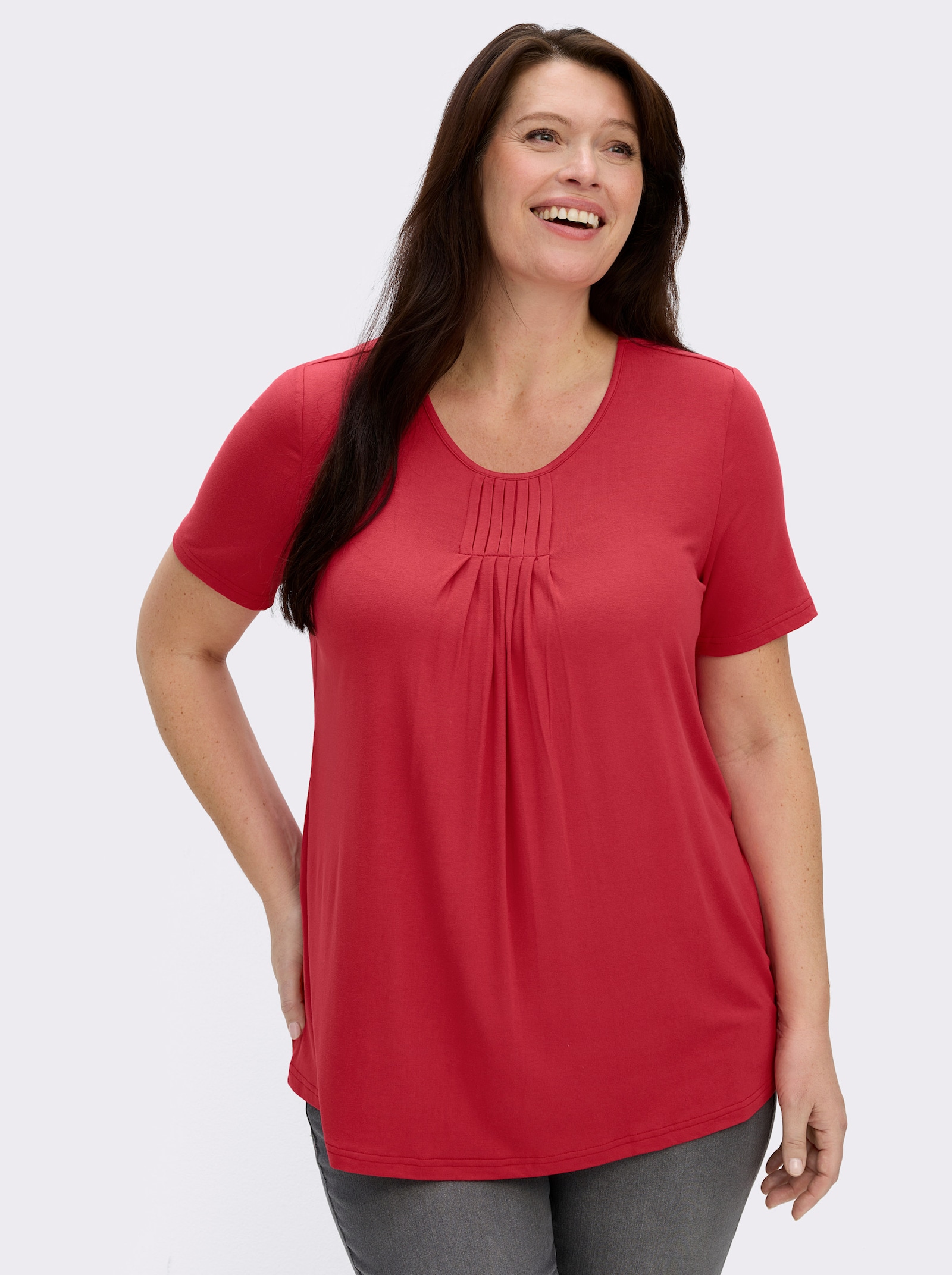  Rundhalsshirt in A-Form mit Falten - erdbeere