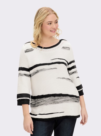 3/4 Arm-Pullover mit Lochmuster - weiß-schwarz-gemustert