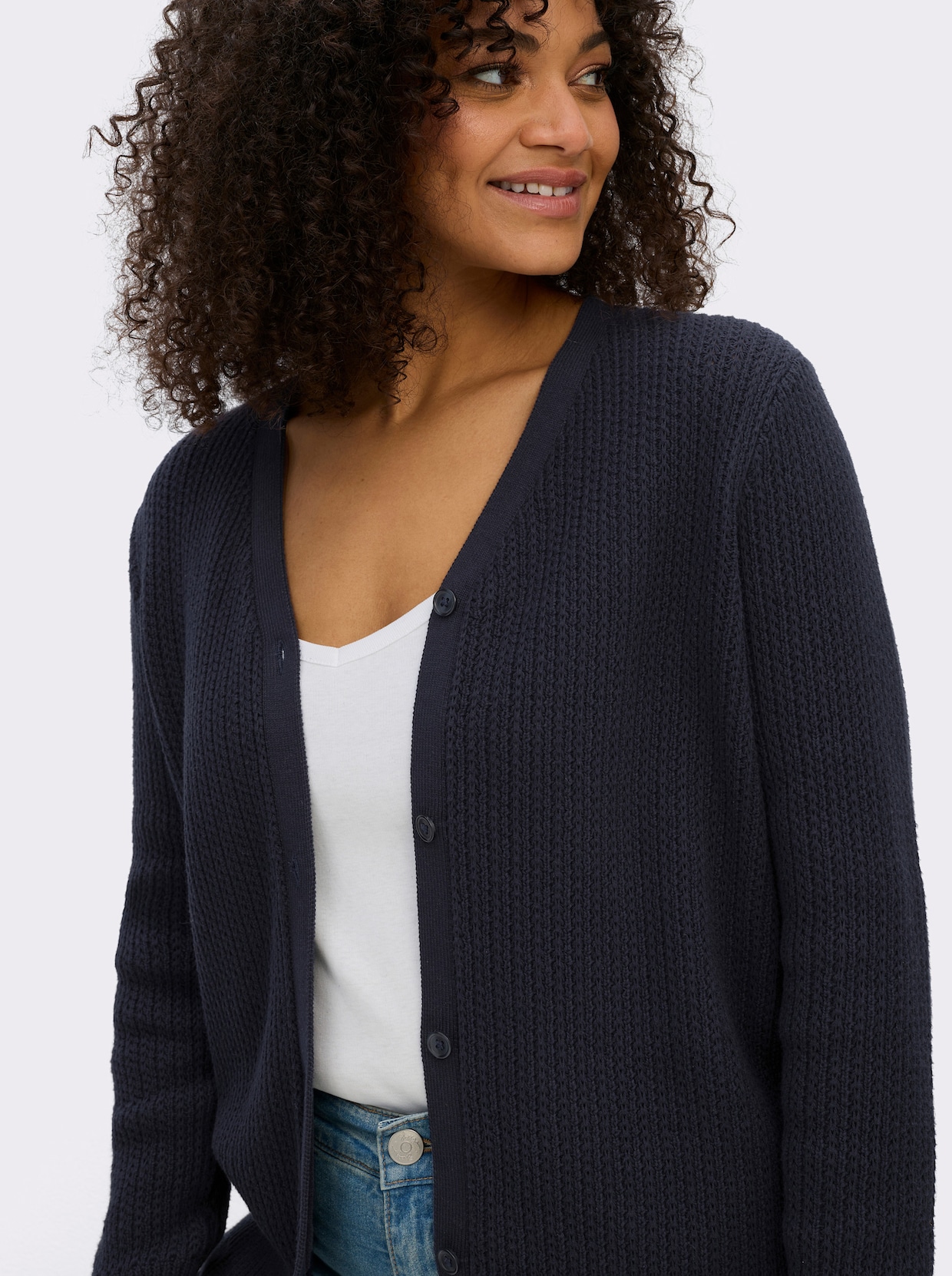 sheego Ajourstrickjacke mit V-Ausschnitt - tiefblau