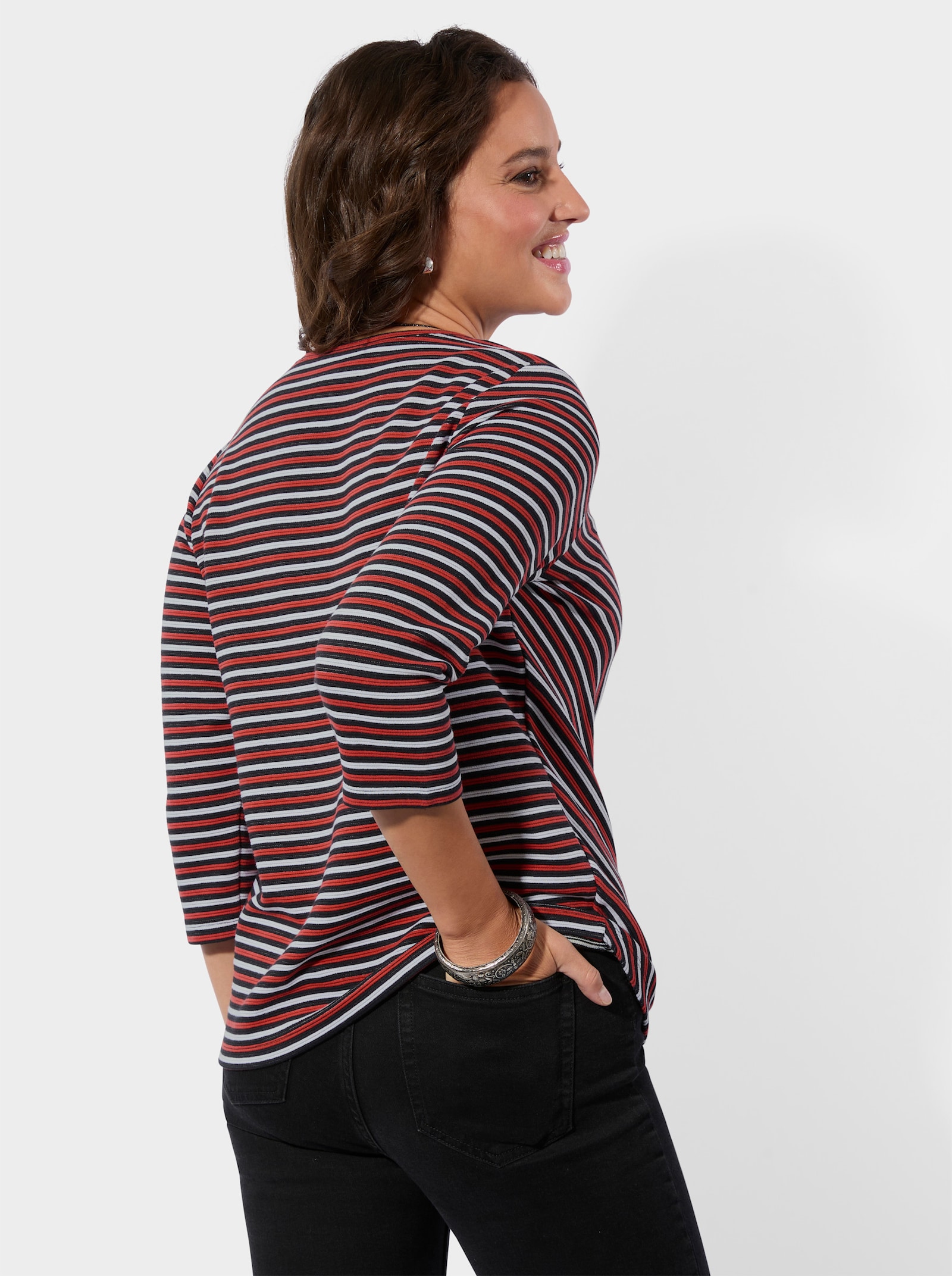 Shirt met ronde hals en jacquard-streeppatroon - aardbei/wit gedessineerd