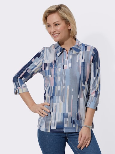 Poloshirt mit Seitenschlitzen - bleu-rosé-bedruckt