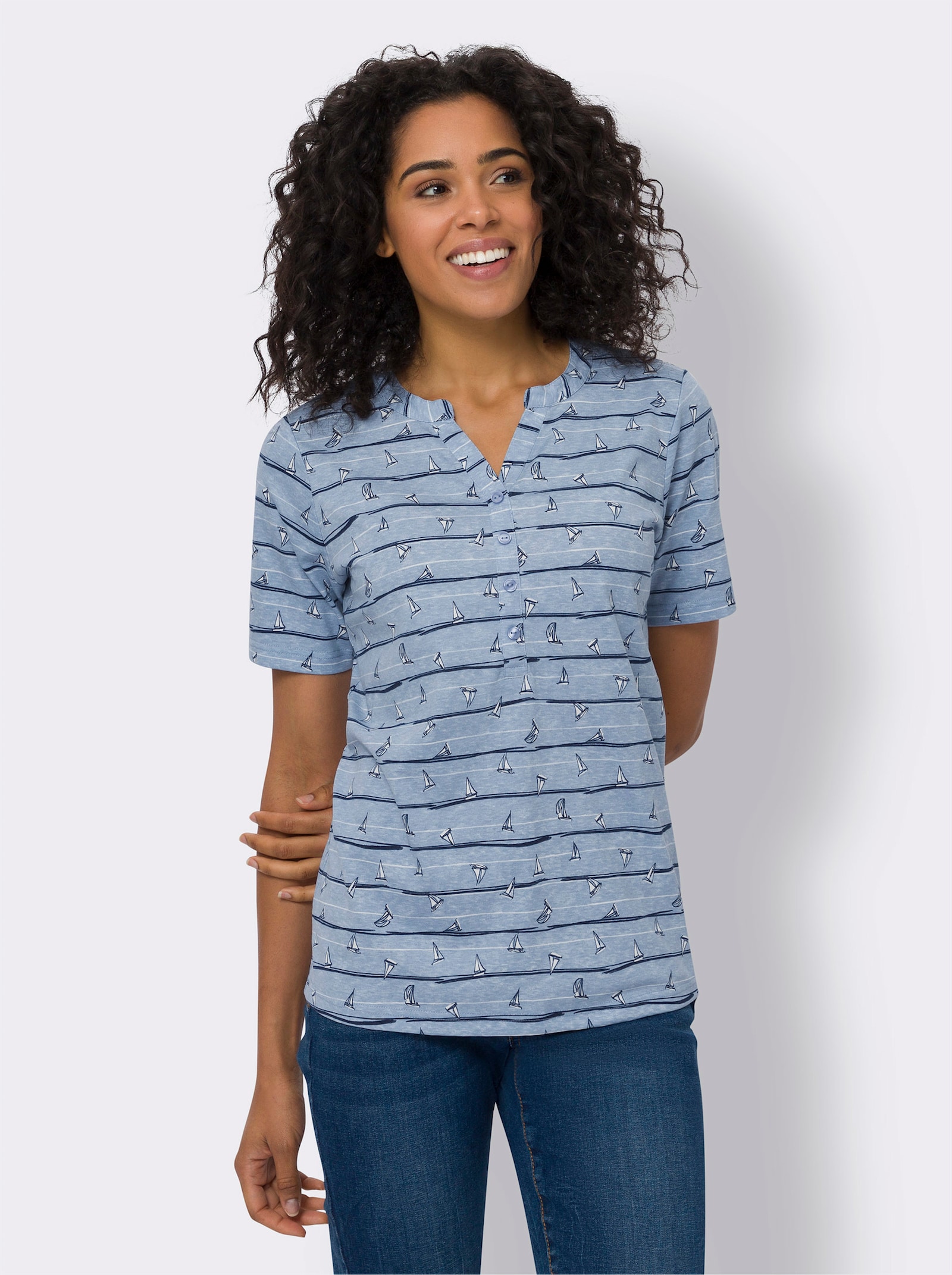 Kurzarmshirt mit maritimem Dessin - bleu-marine-bedruckt