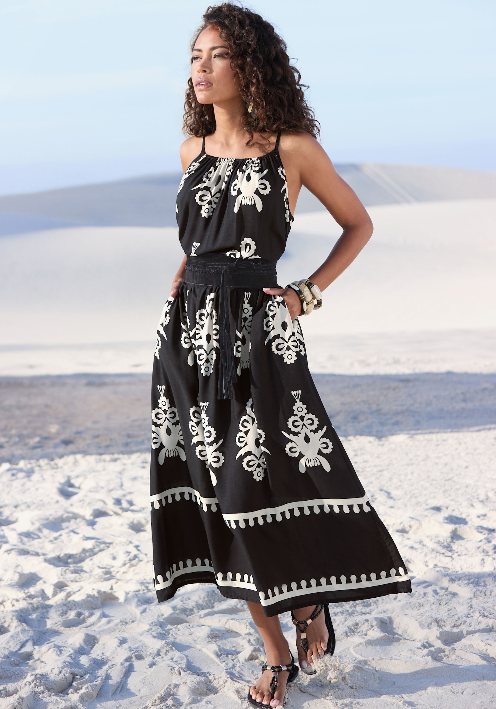 LASCANA Midikleid - schwarz-sand bedruckt