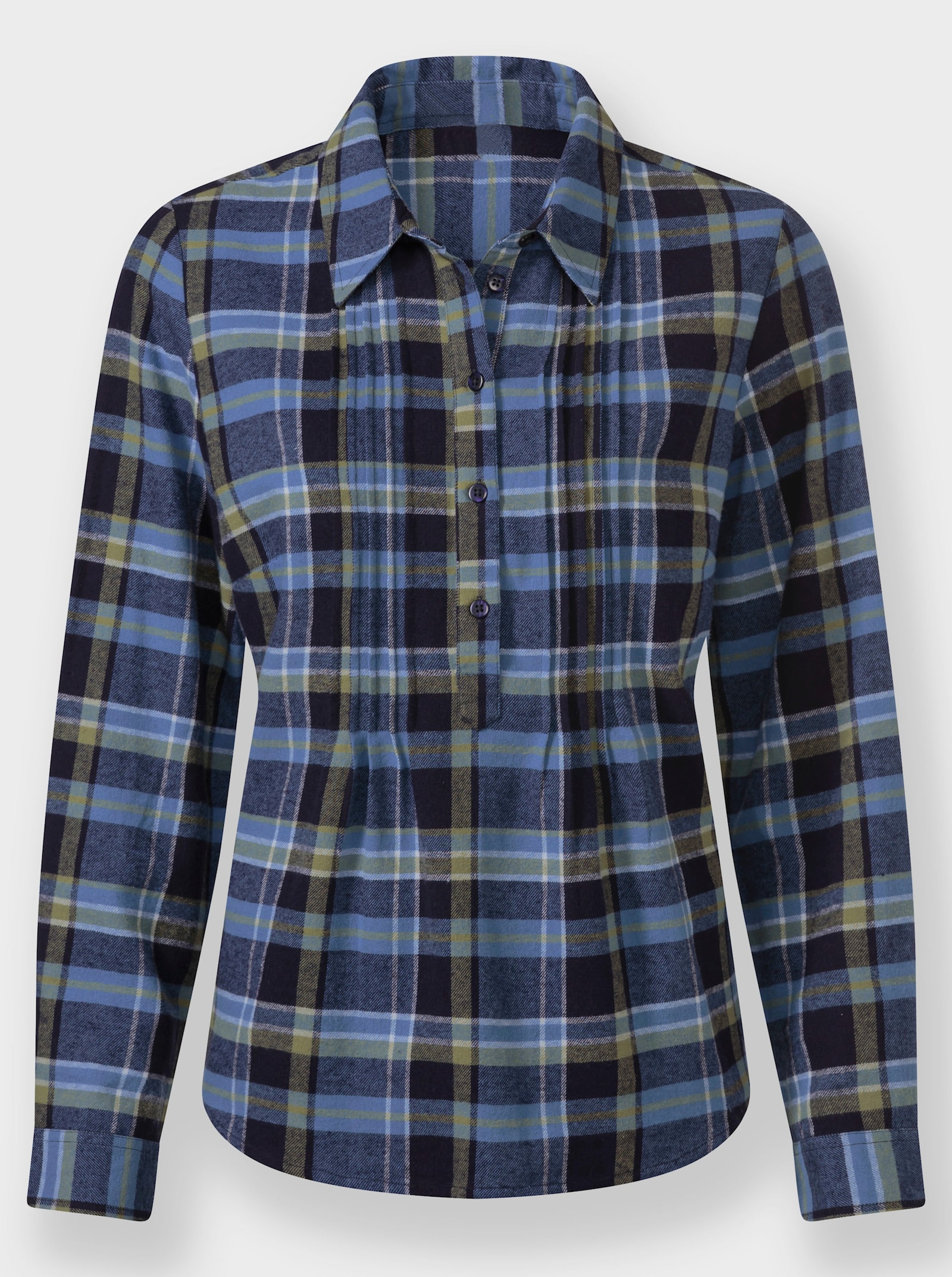 Flanellbluse mit Biesen-Verzierung - marine-schilf-kariert