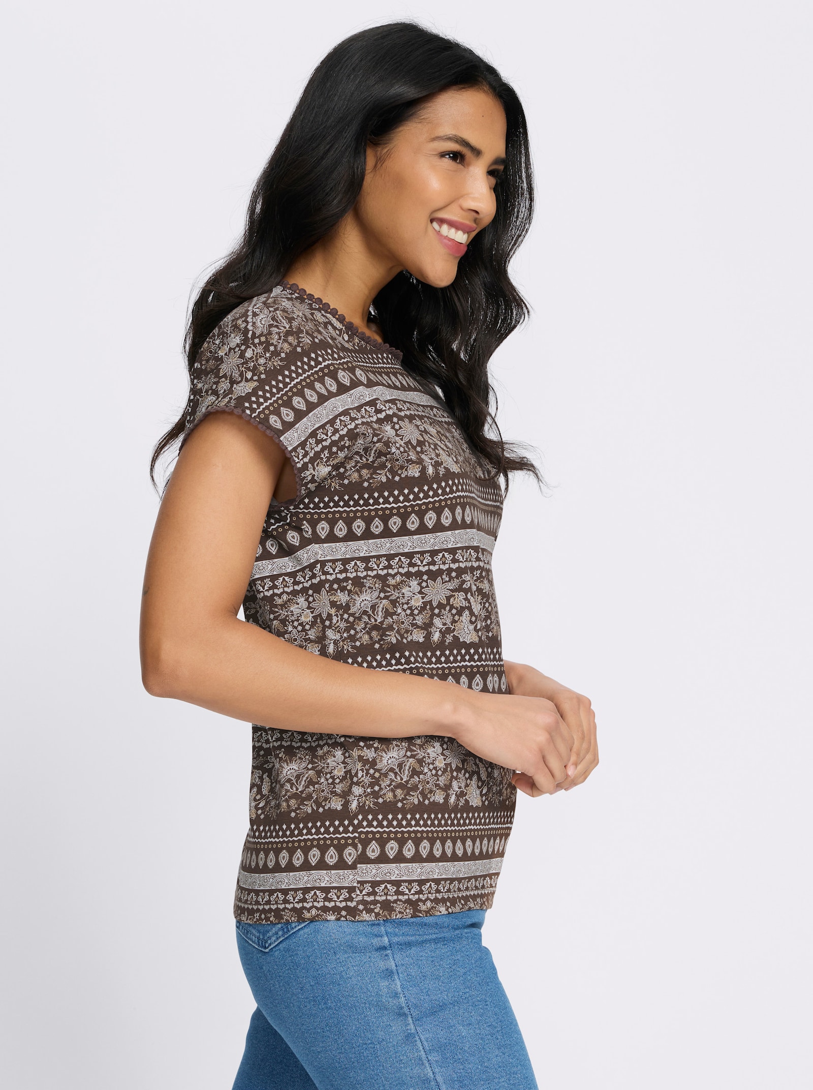 Kurzarmshirt mit überschnittenen Schultern - schoko-beige-bedruckt