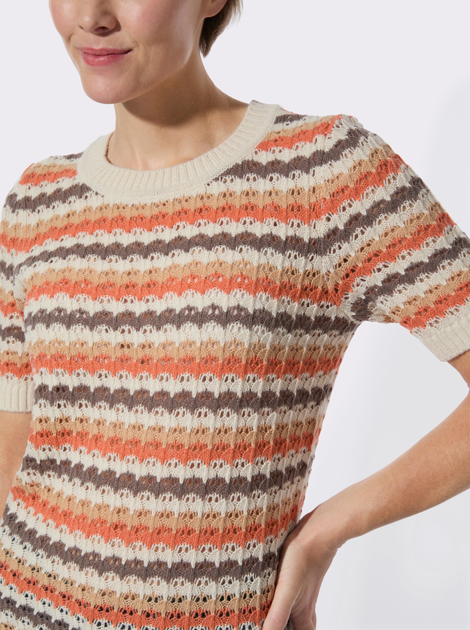 Ajourpullover mit Ringel-Muster - sand-dunkeltaupe-geringelt