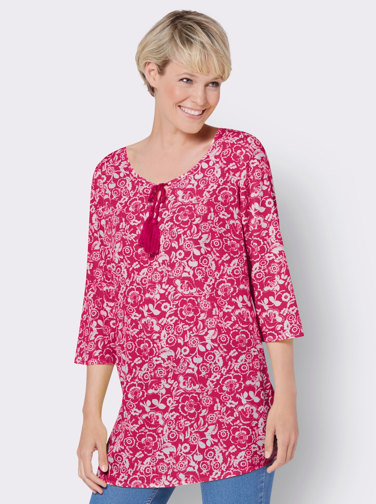 Longline blouse - pink/wit bedrukt