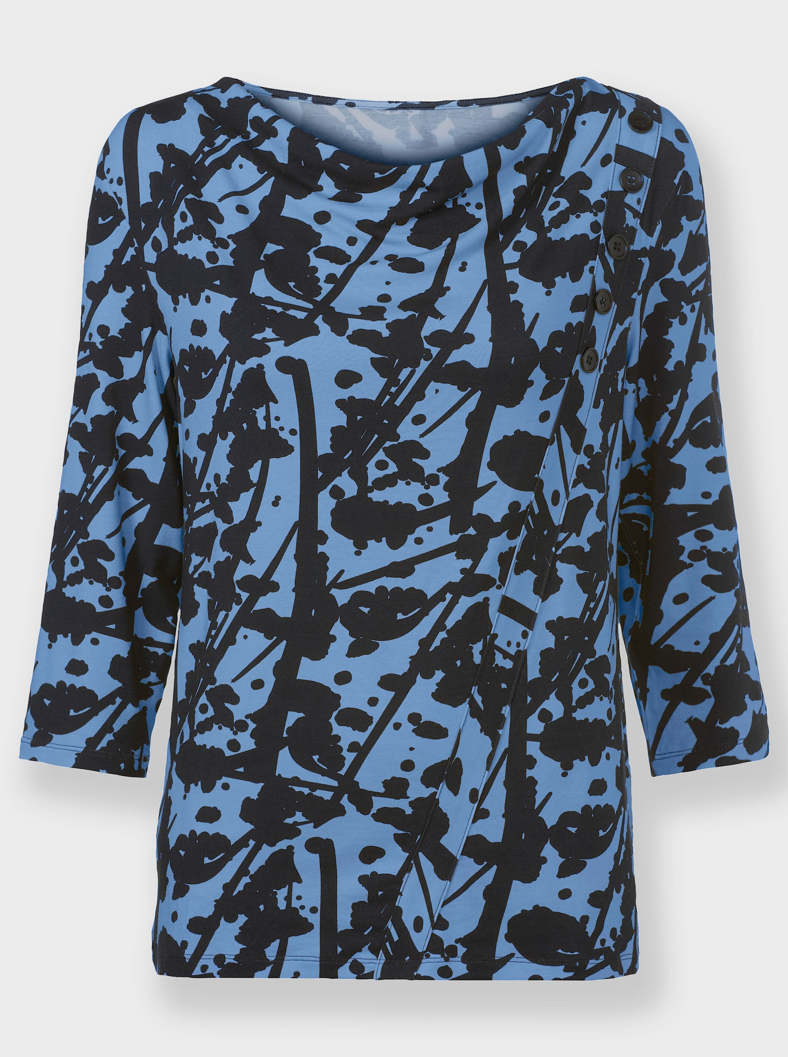 Shirt met cascadehals - hemelsblauw/zwart bedrukt