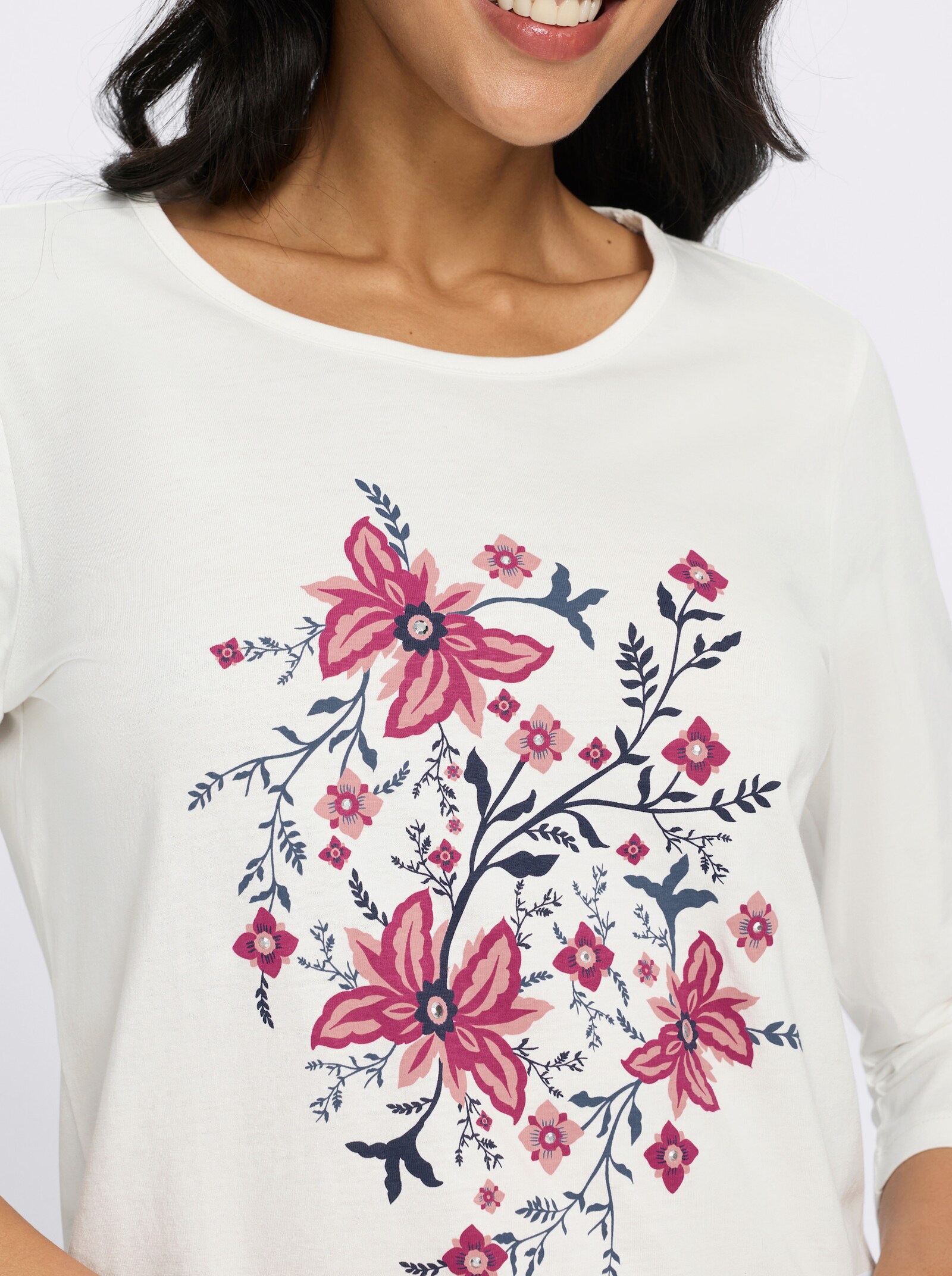 3/4-Arm-Shirt mit Glitzersteinchen - ecru-marine