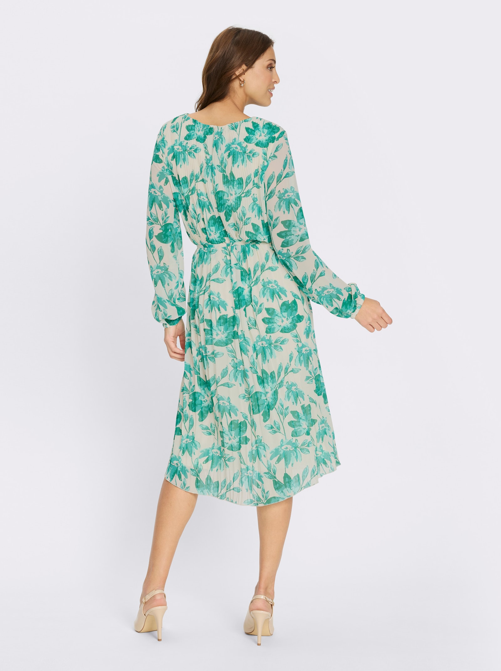 Plisseekleid mit abnehmbarem Bindegürtel - smaragd-champagner-bedruckt