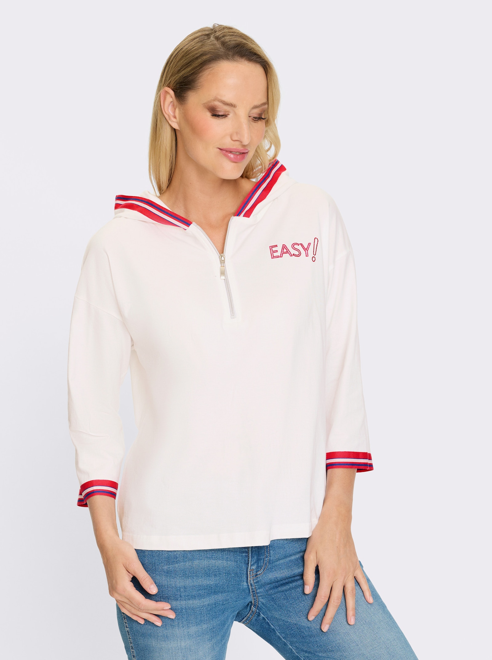 heine Kapuzensweatshirt mit Kontrastbündchen - weiß-pink