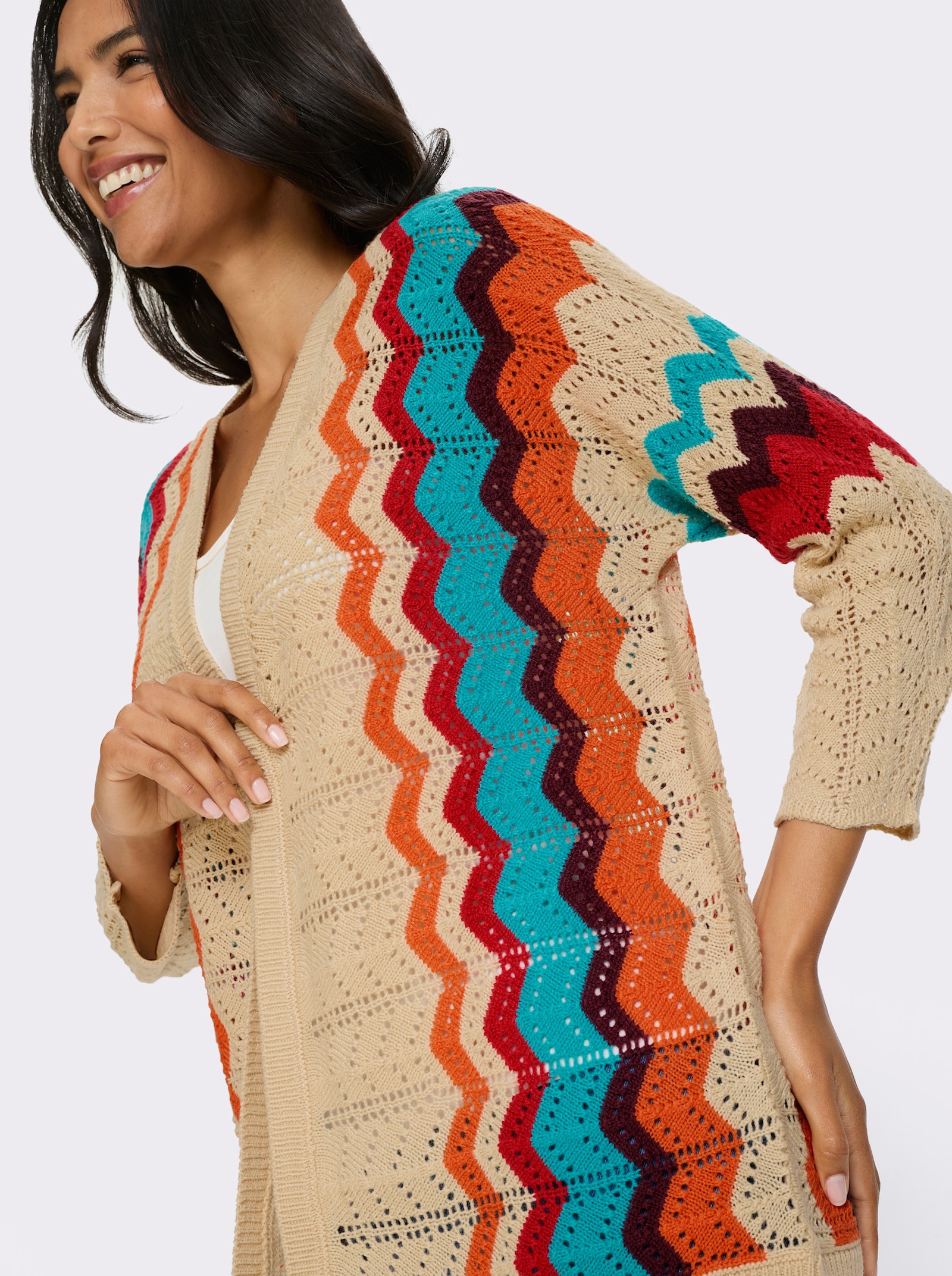 Ajourstrickjacke im Streifen-Dessin - sand-erdbeere-gemustert