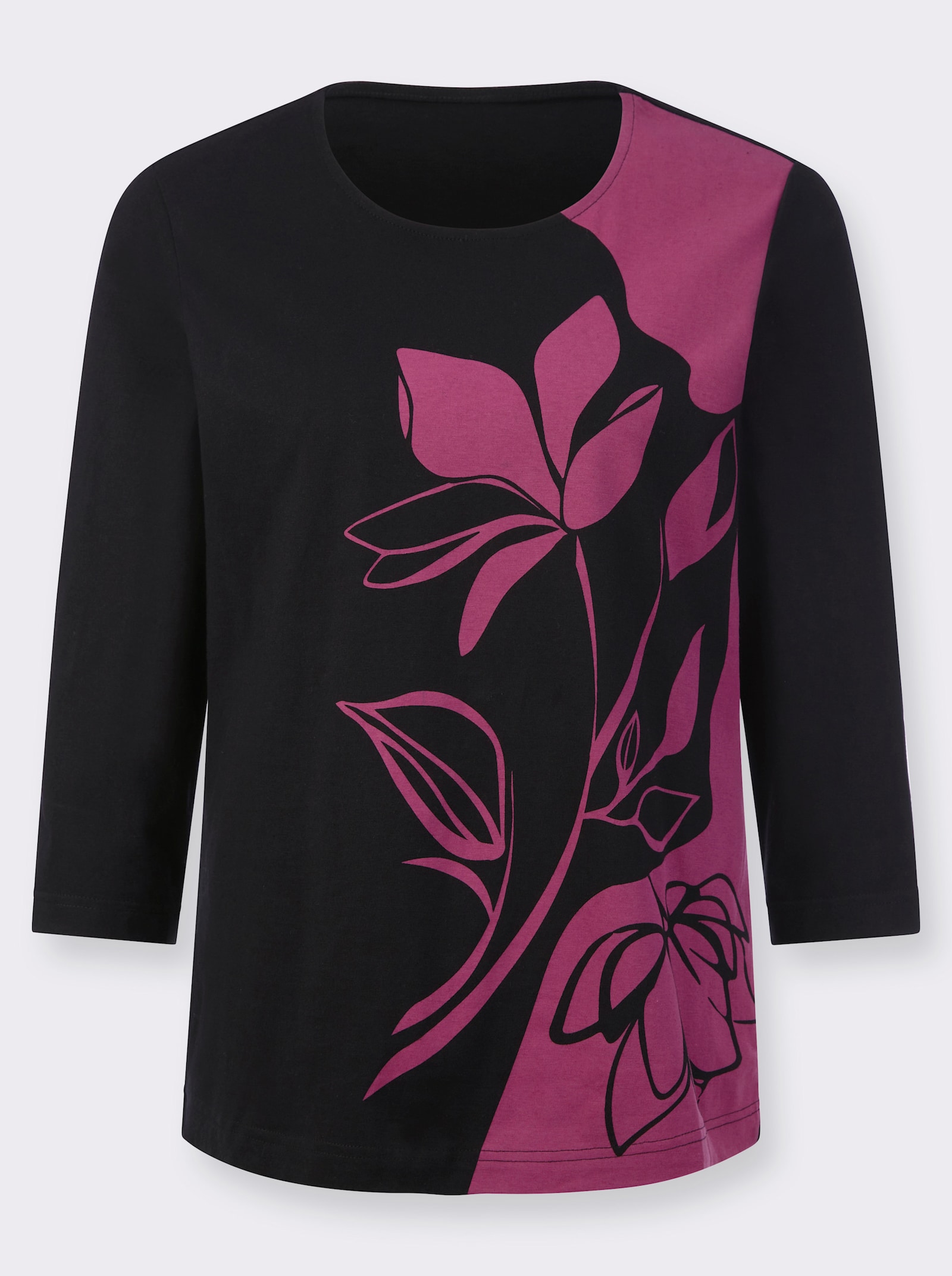 Rundhalsshirt mit Blumen-Dessin - schwarz-erika-bedruckt