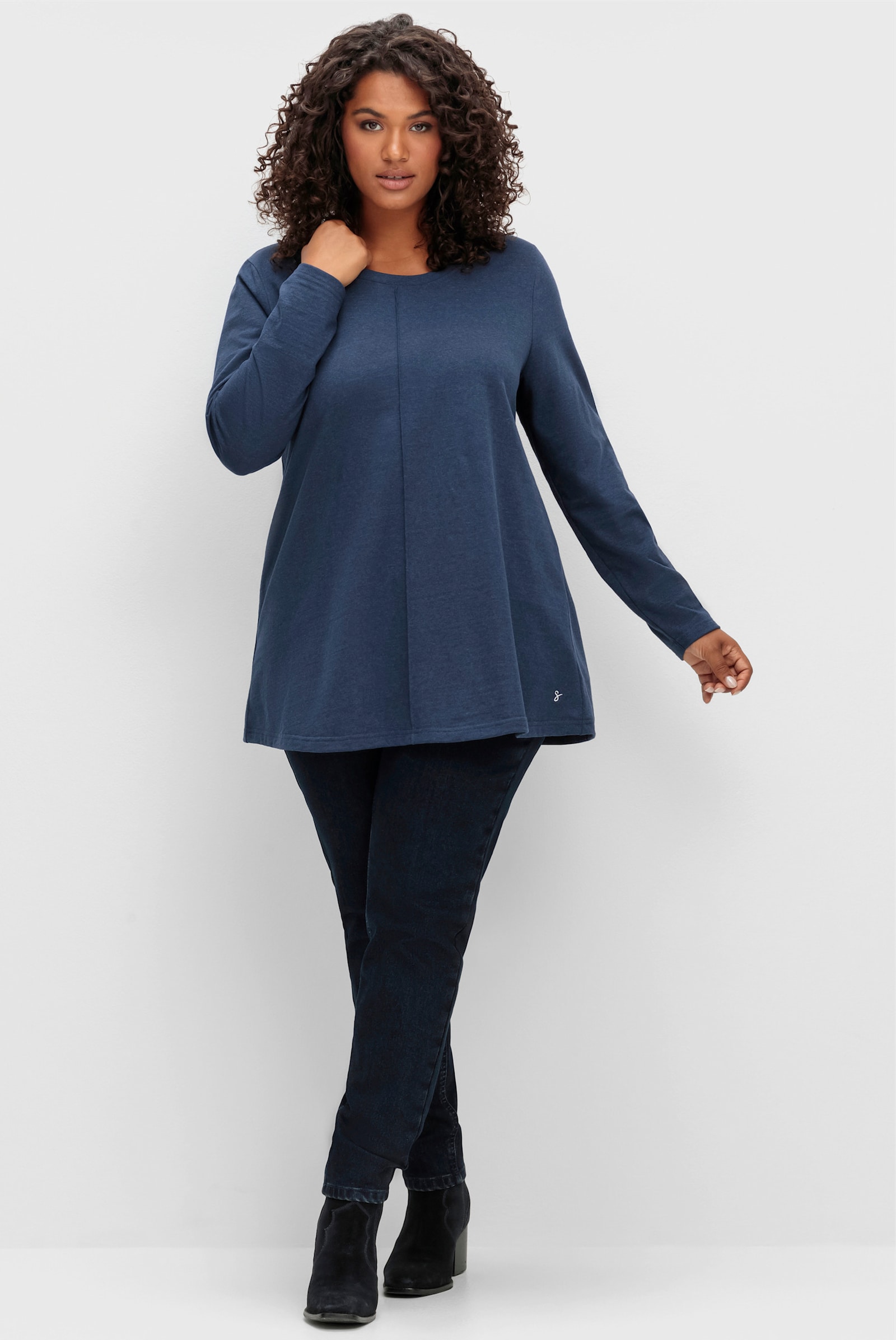 sheego Langarmshirt in A-Linie, fein meliert - nachtblau-meliert