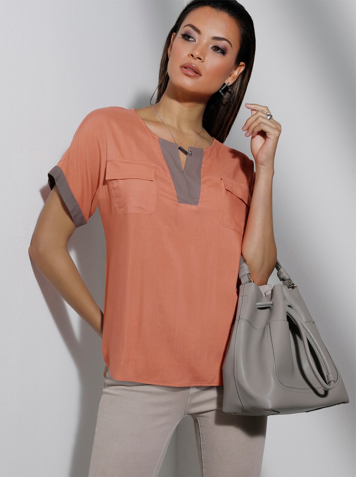 Blouse met korte mouwen - papaja/donkertaupe