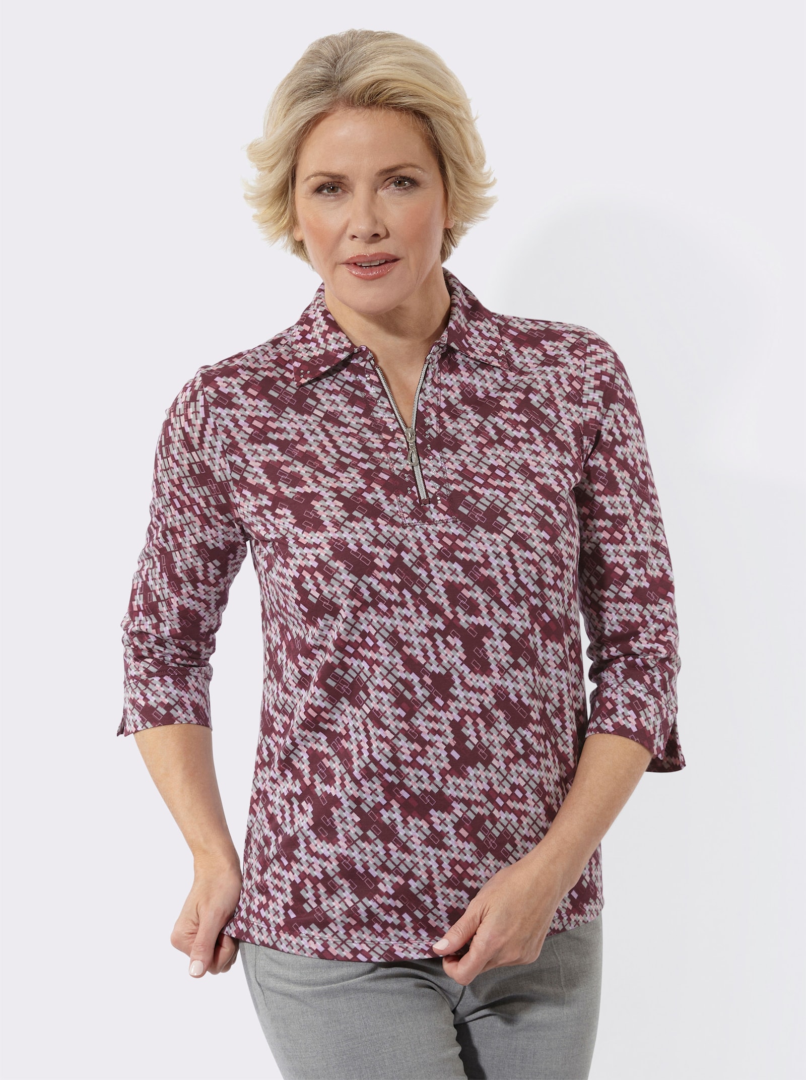 Poloshirt mit Glitzersteinchen - orchidee-ecru-bedruckt