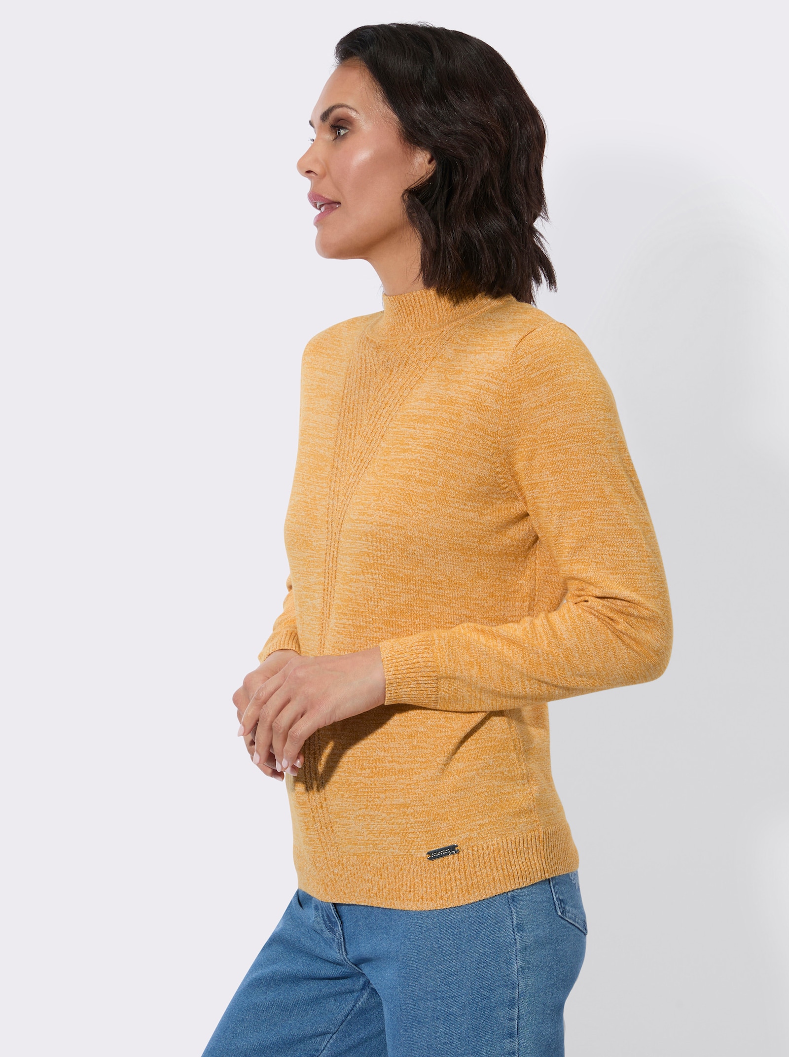 Stehkragenpullover mit gerippten Bündchen - ocker-meliert