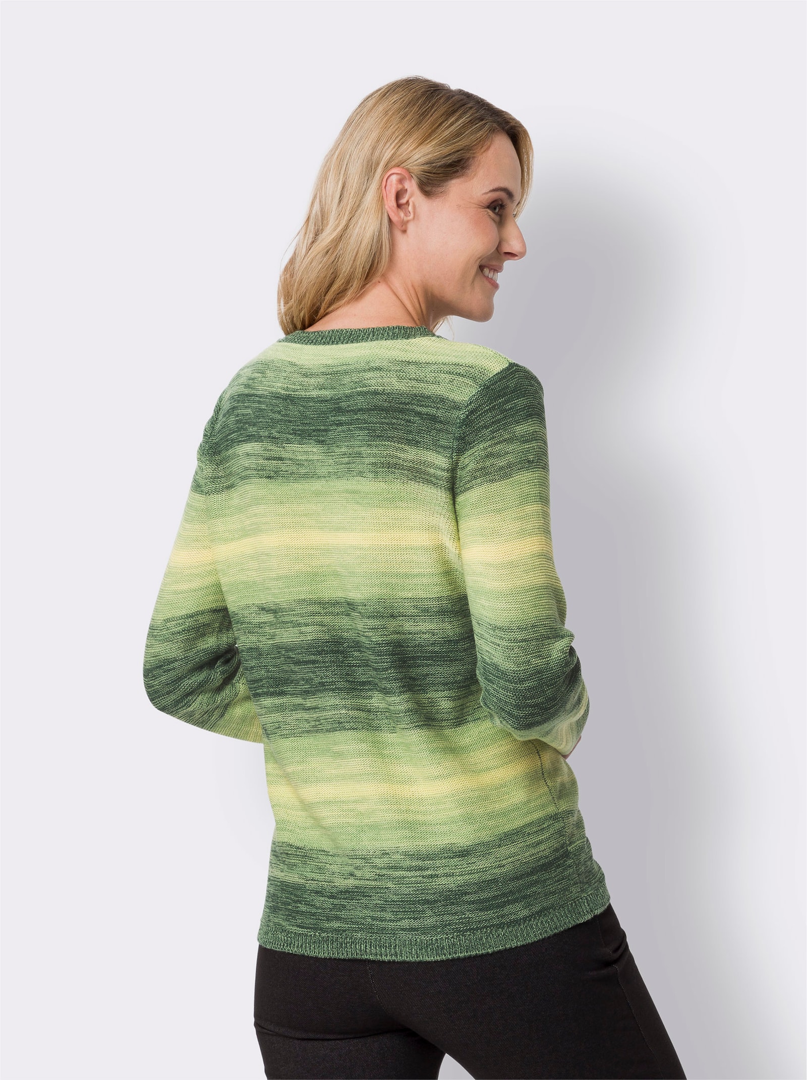 Svetr s kulatým výstřihem s odstupňováním barev - citronová-eukalyptová-vzor