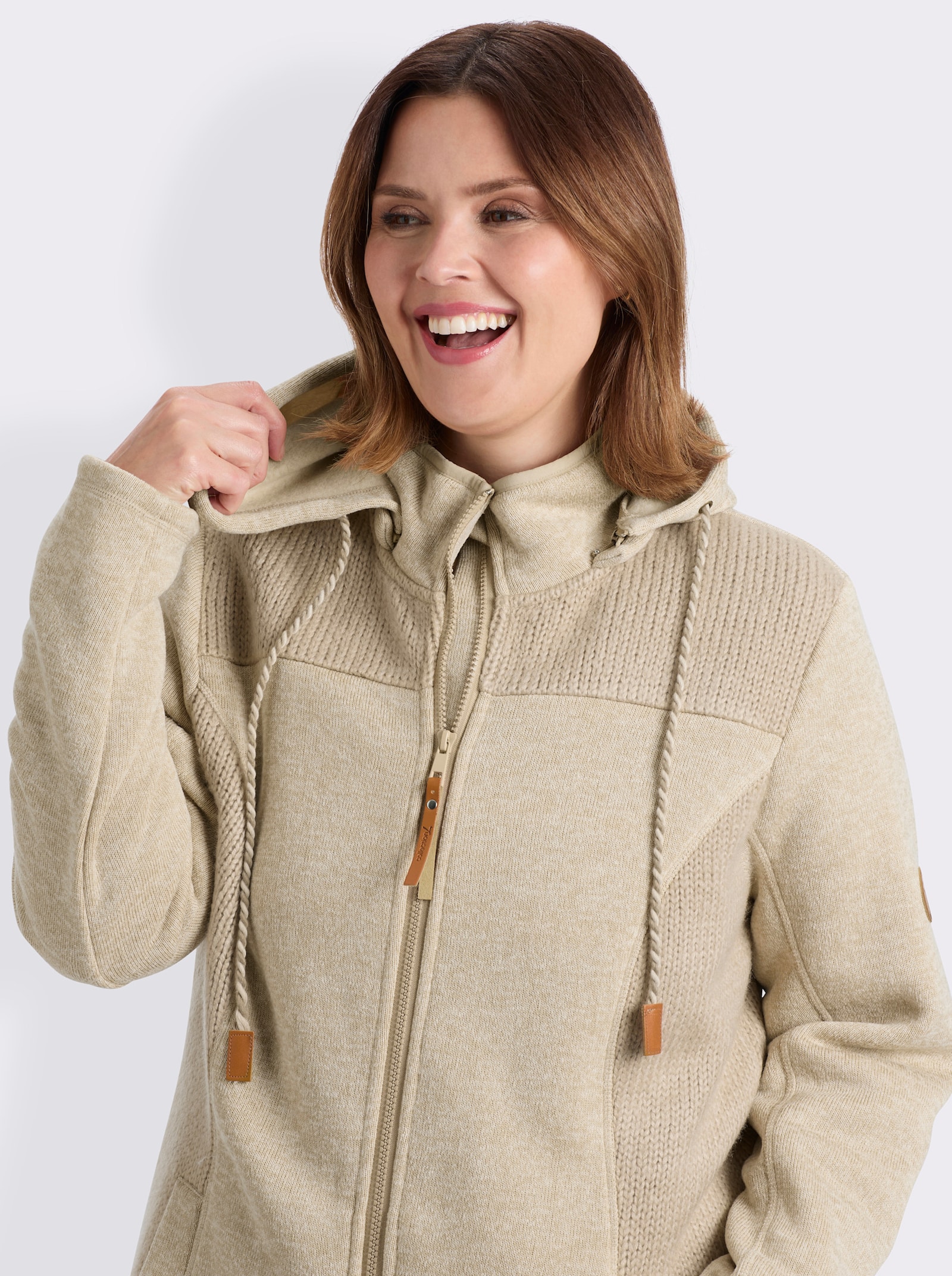 sheego Strickfleecejacke in Longform - beige-elfenbein-meliert