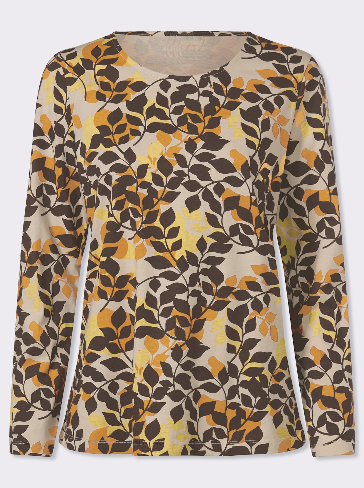 Langarmshirt im Blätter-Dessin - ocker-schoko-bedruckt