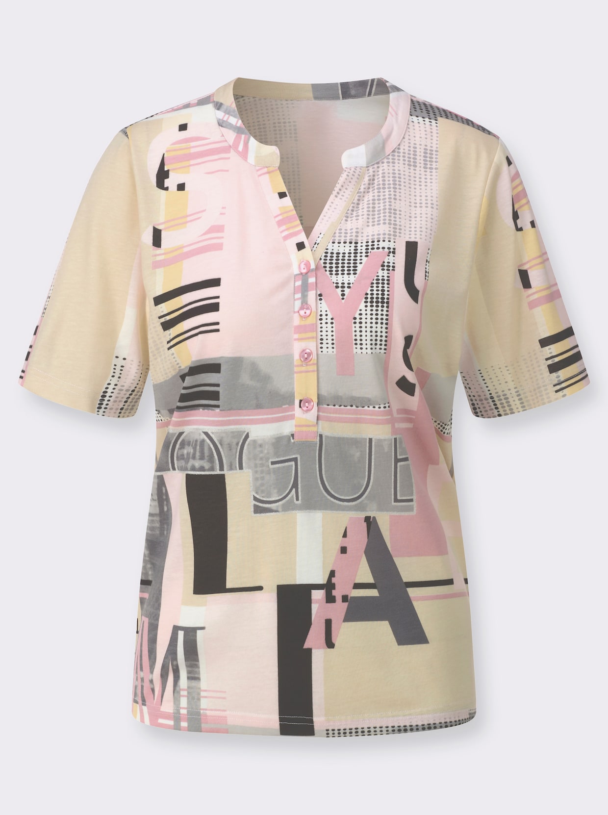 Kurzarmshirt im Baumwoll-Modal-Mix - hortensie-sand-bedruckt