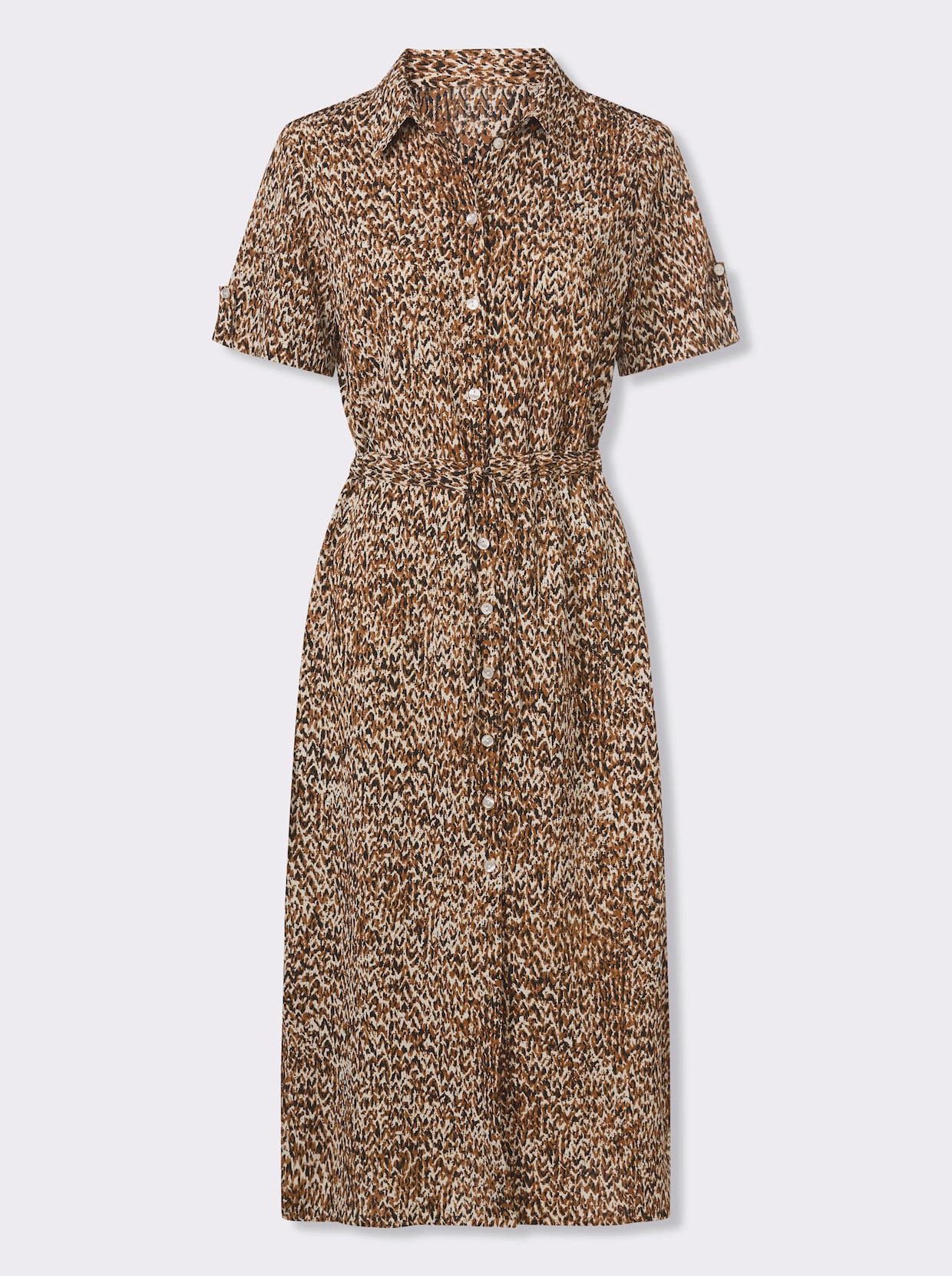 Hemdblusenkleid in Crinkle-Qualität - cognac-schwarz-bedruckt