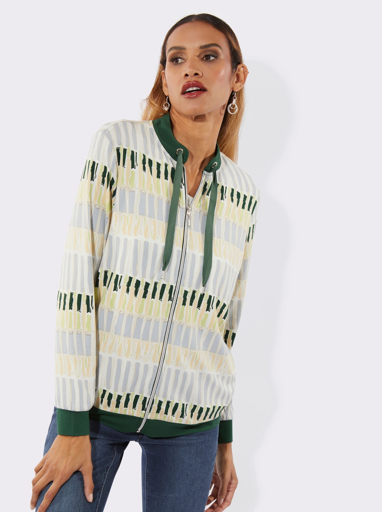 Shirtjacke mit Stehkragen - ecru-moos-bedruckt