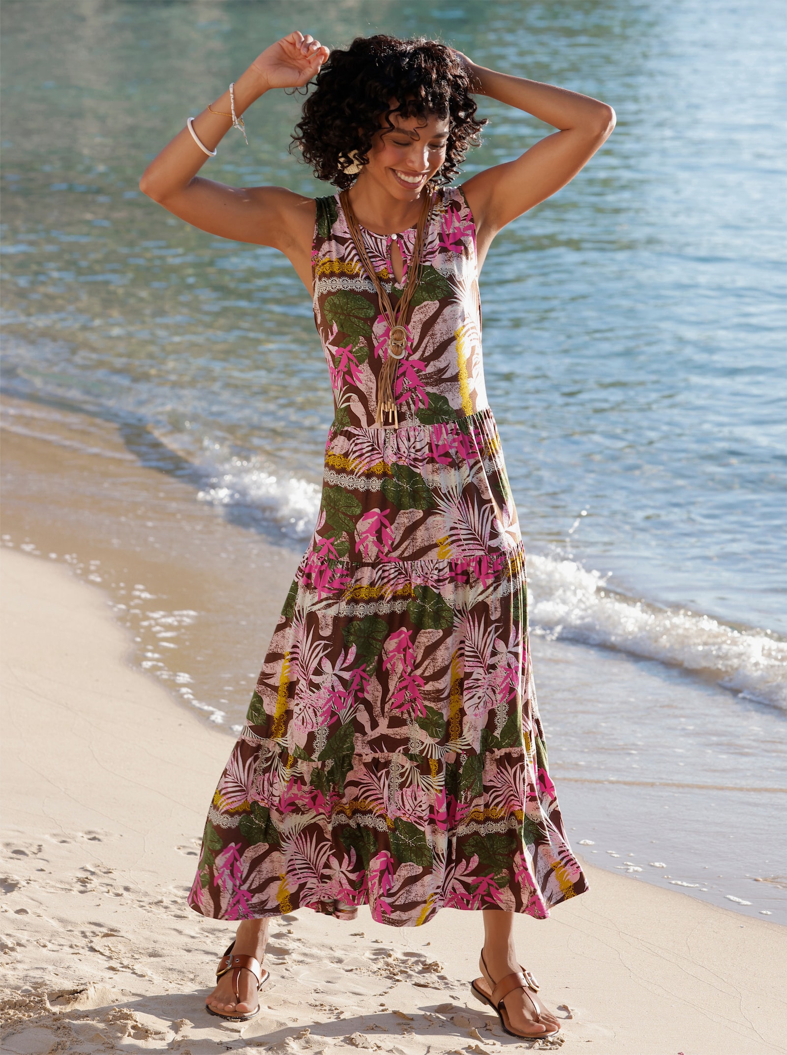 heine Jerseykleid ohne Ärmel - fuchsia-schoko-bedruckt