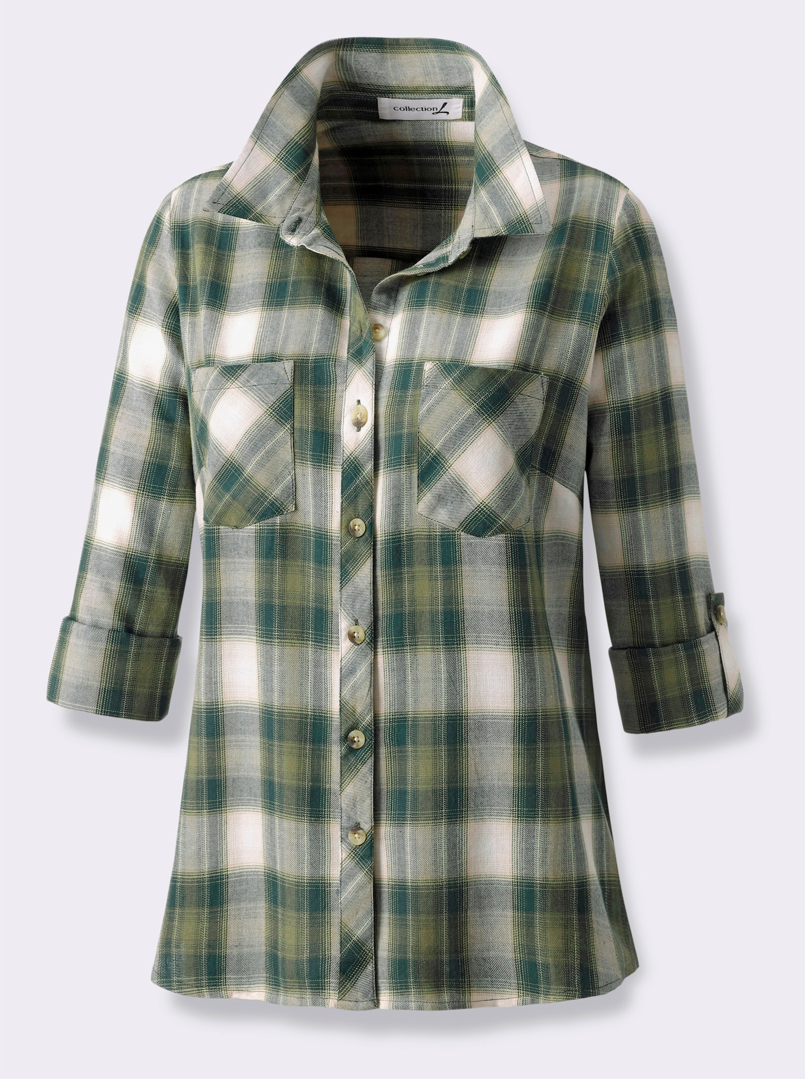 Flanellbluse im Karomuster - oliv-ecru-kariert