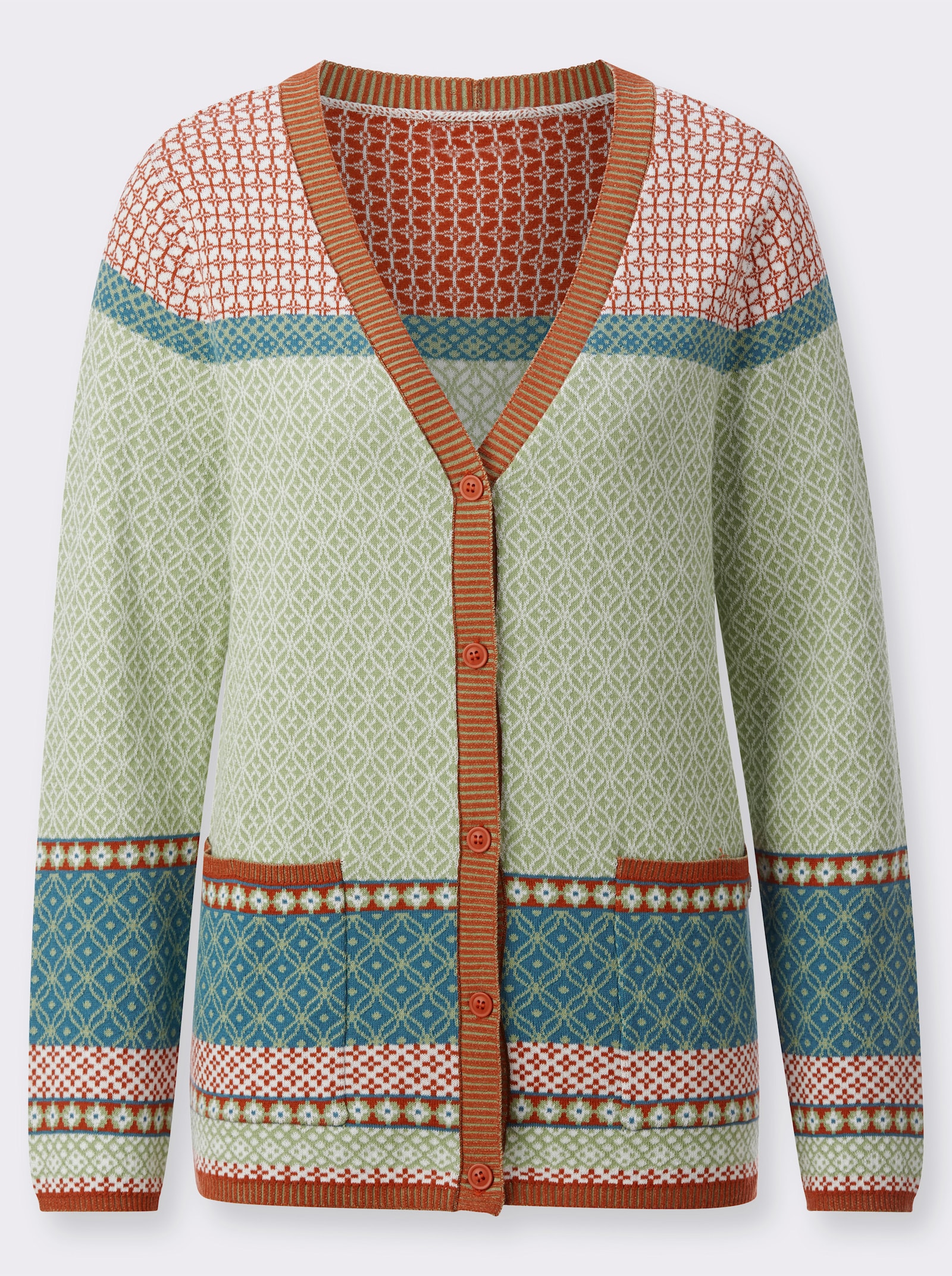 Strickjacke in Cardigan-Form - eucalyptus-rot-gemustert