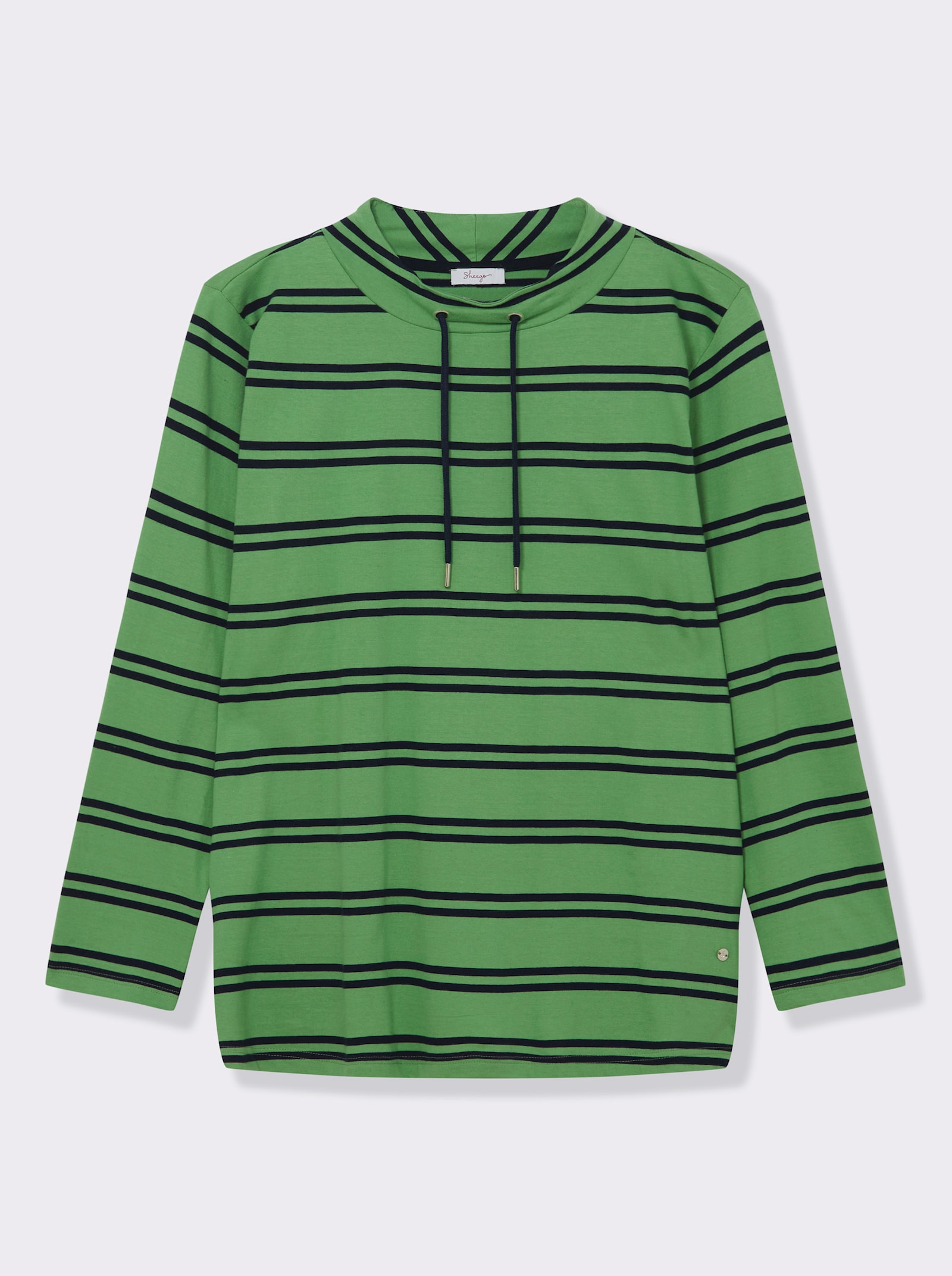 sheego Lang shirt met tunnelkoord aan de opstaande kraag - appelgroen/diepblauw gestreept