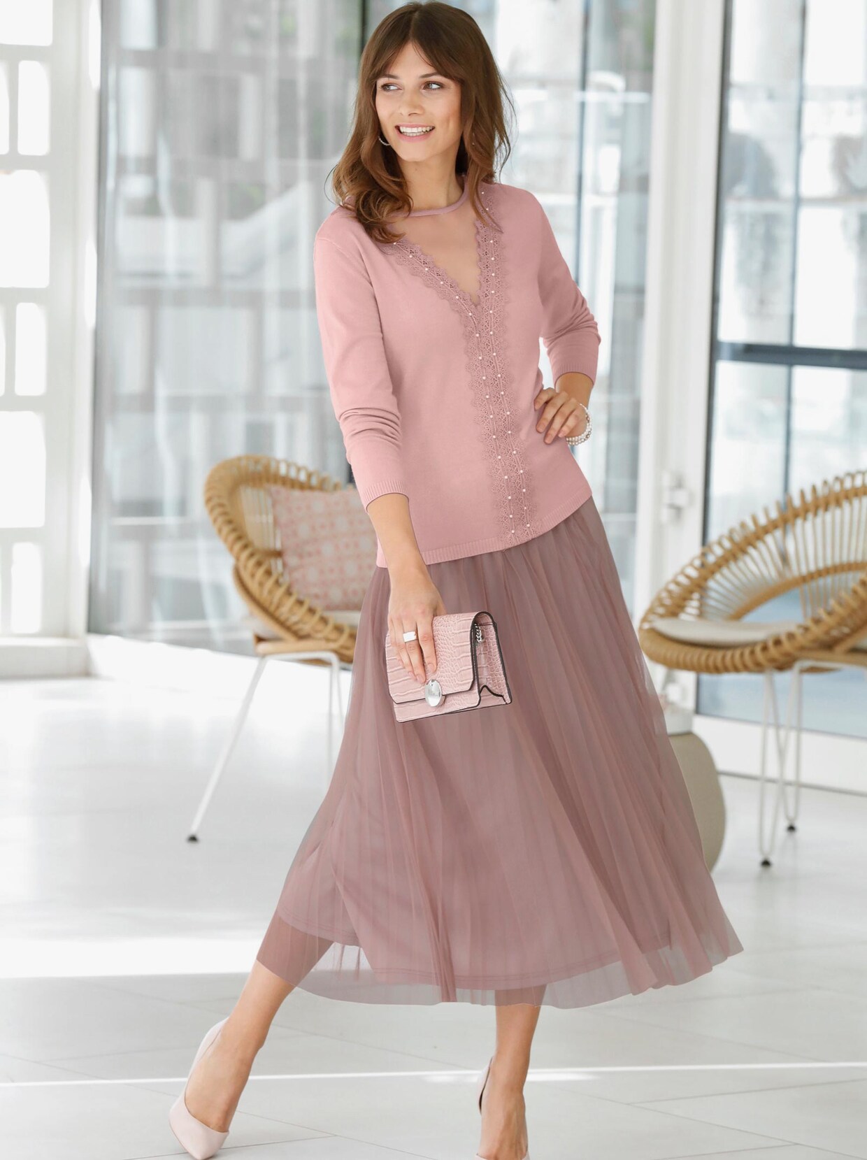 Langarm-Pullover - rosé-meliert