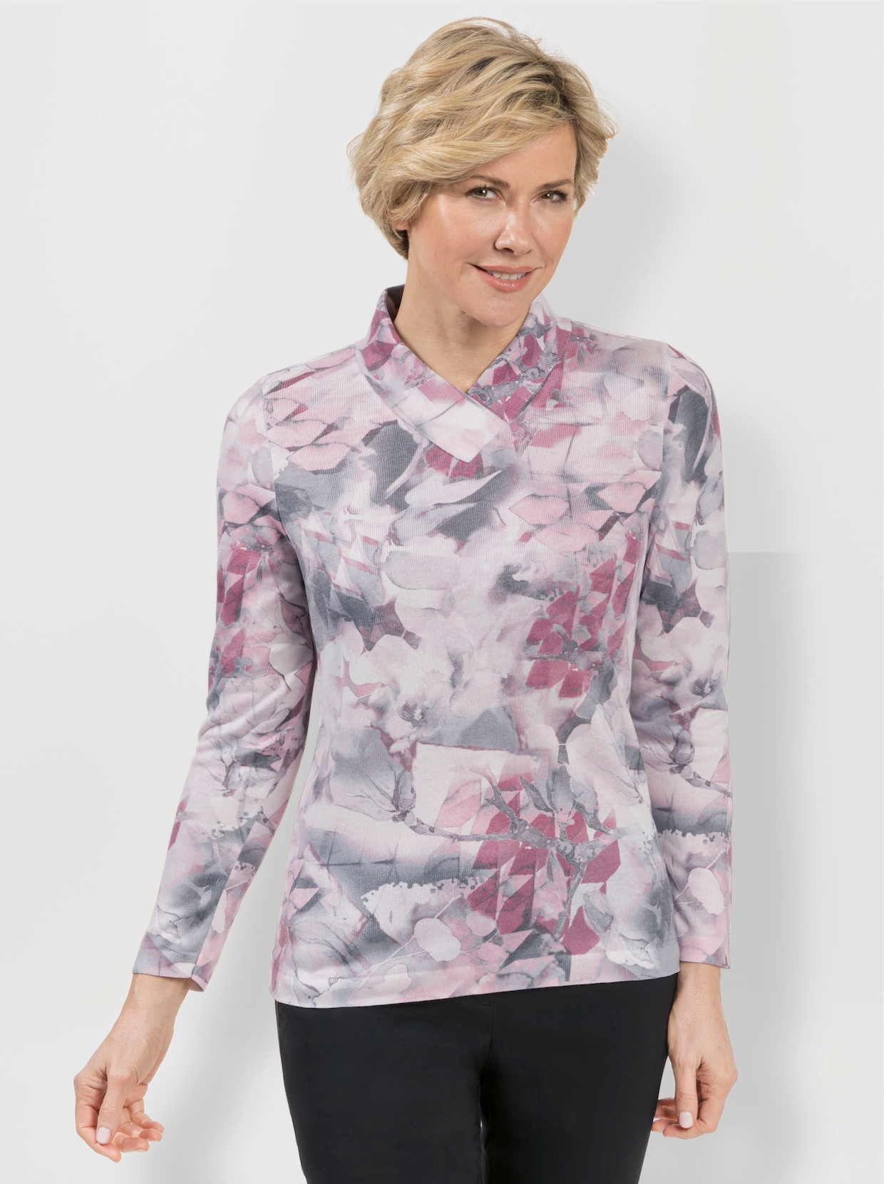 Pullover met V-hals - rozenkwarts/steengrijs gedessineerd