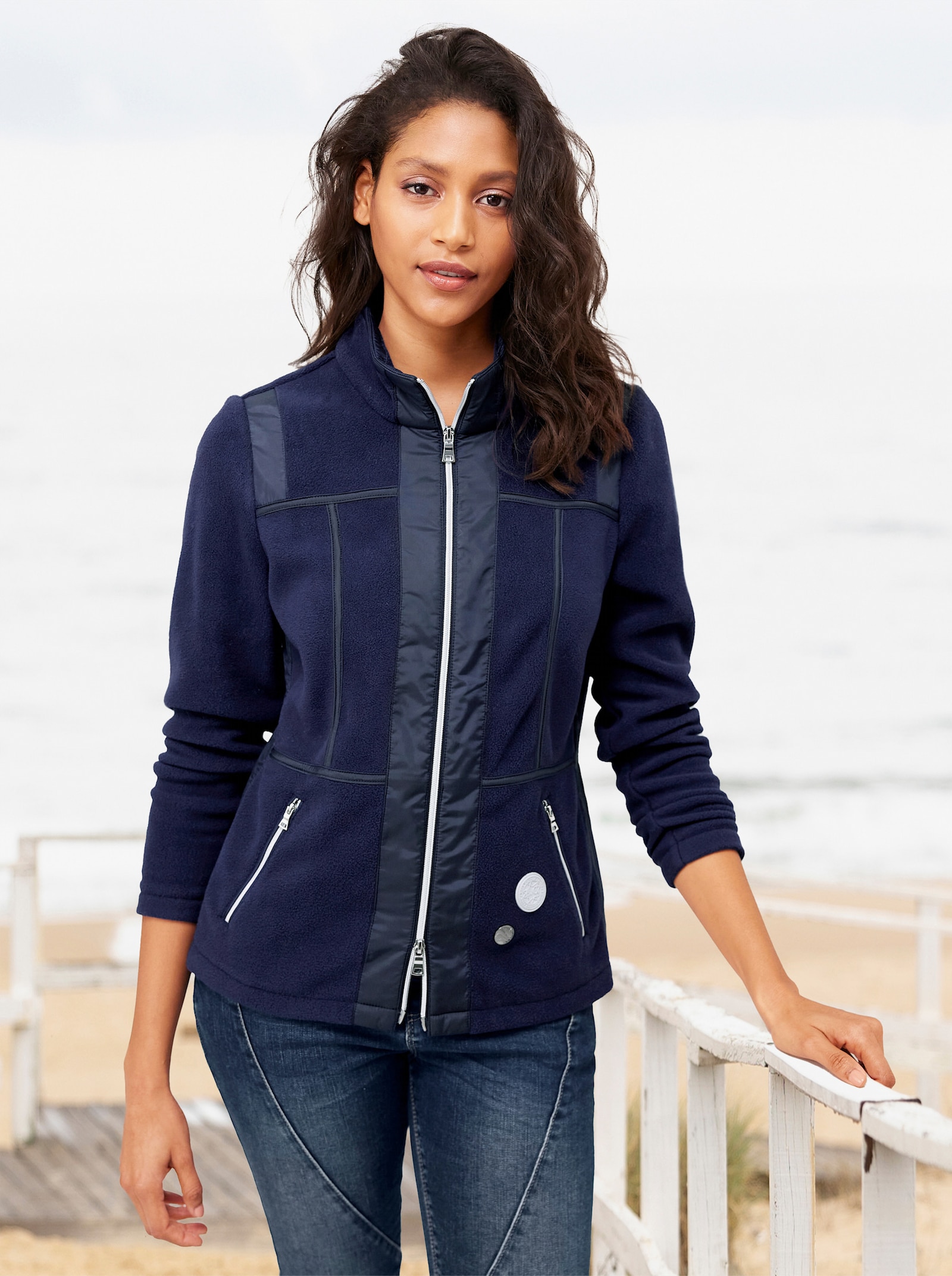heine Fleecejacke mit Web-Besatz - marine