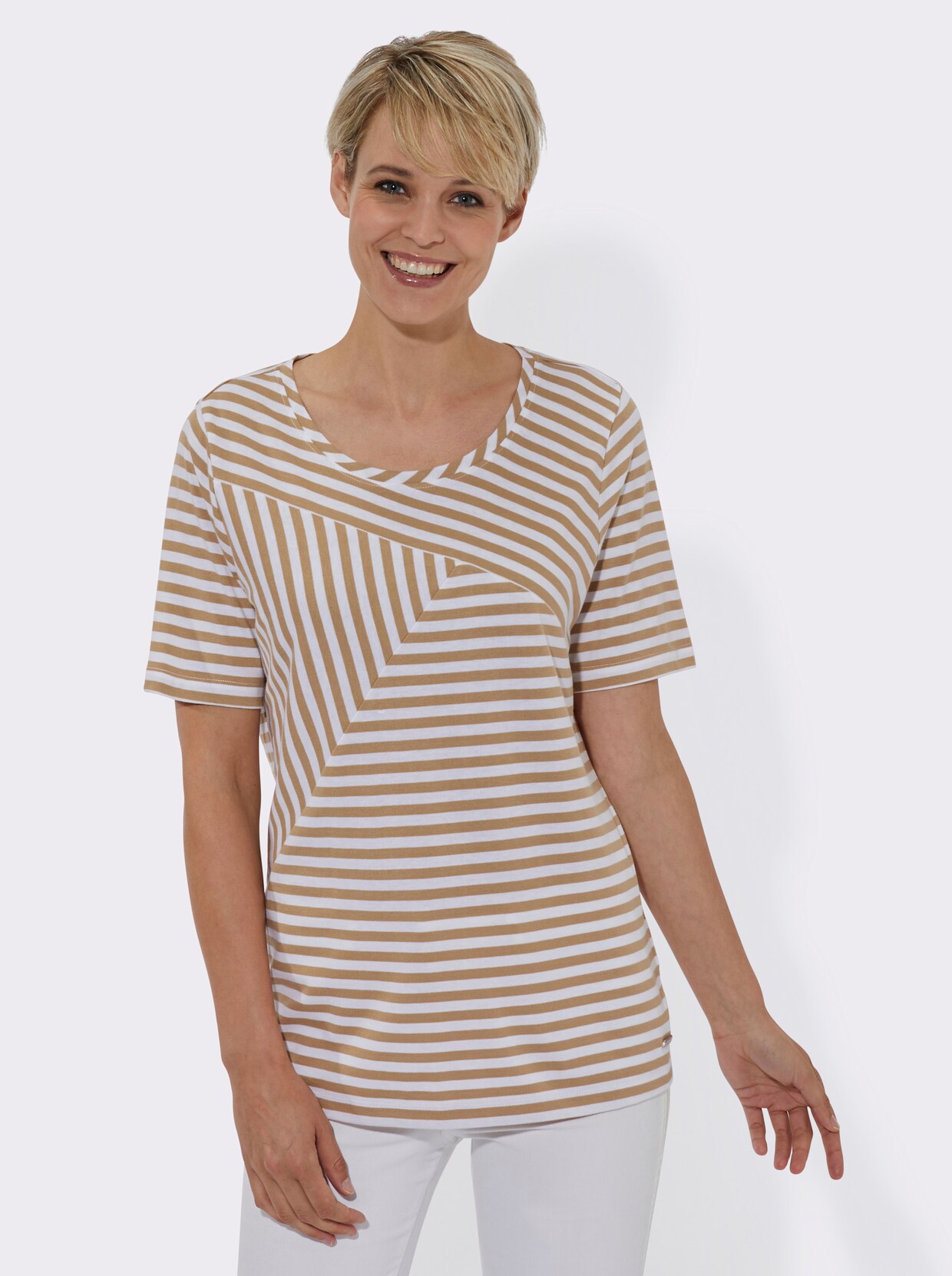 Kurzarmshirt - camel-ecru-gestreift