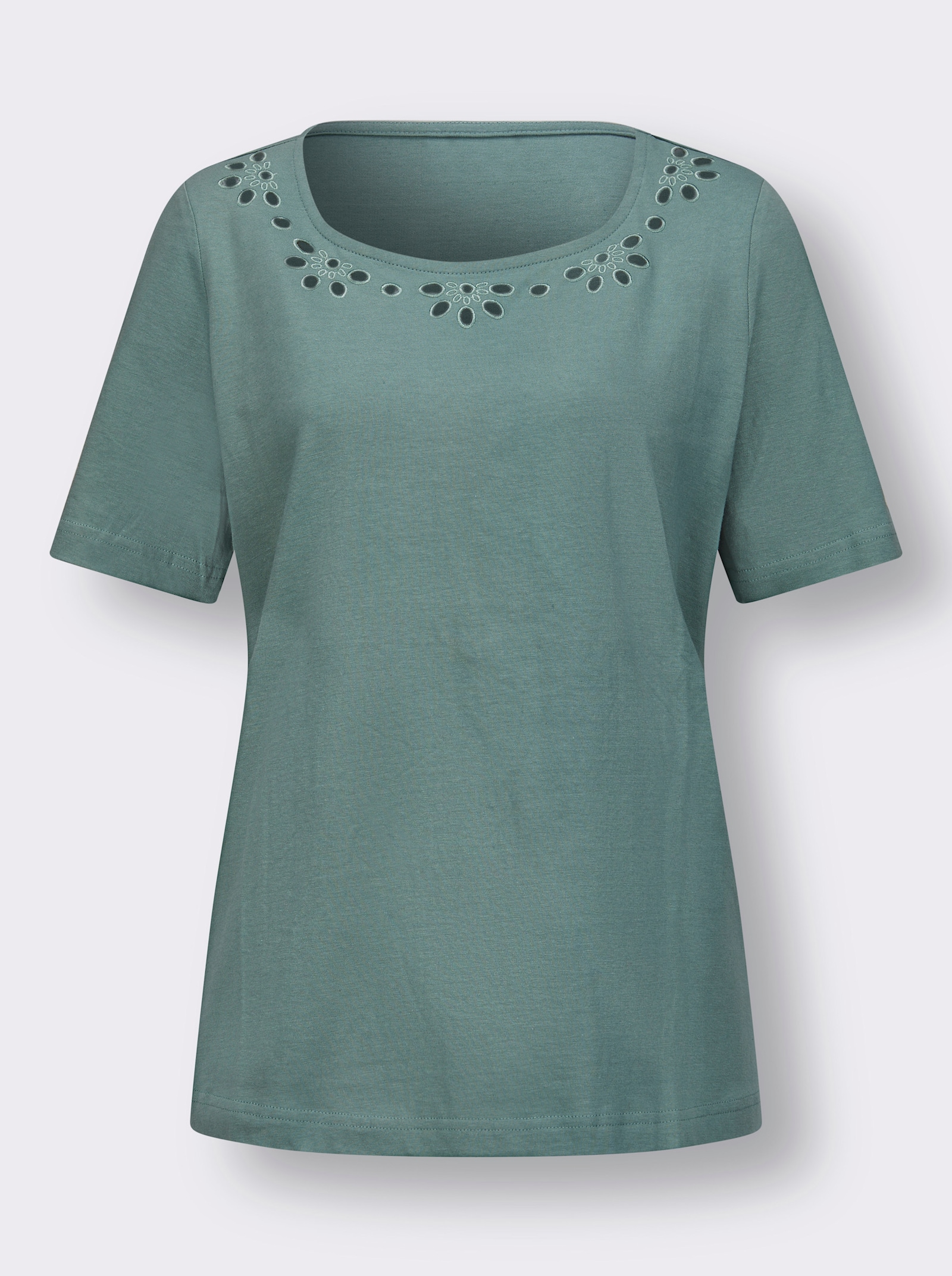 Tričko s krátkým rukávem s ažurovou výšivkou - nefritová