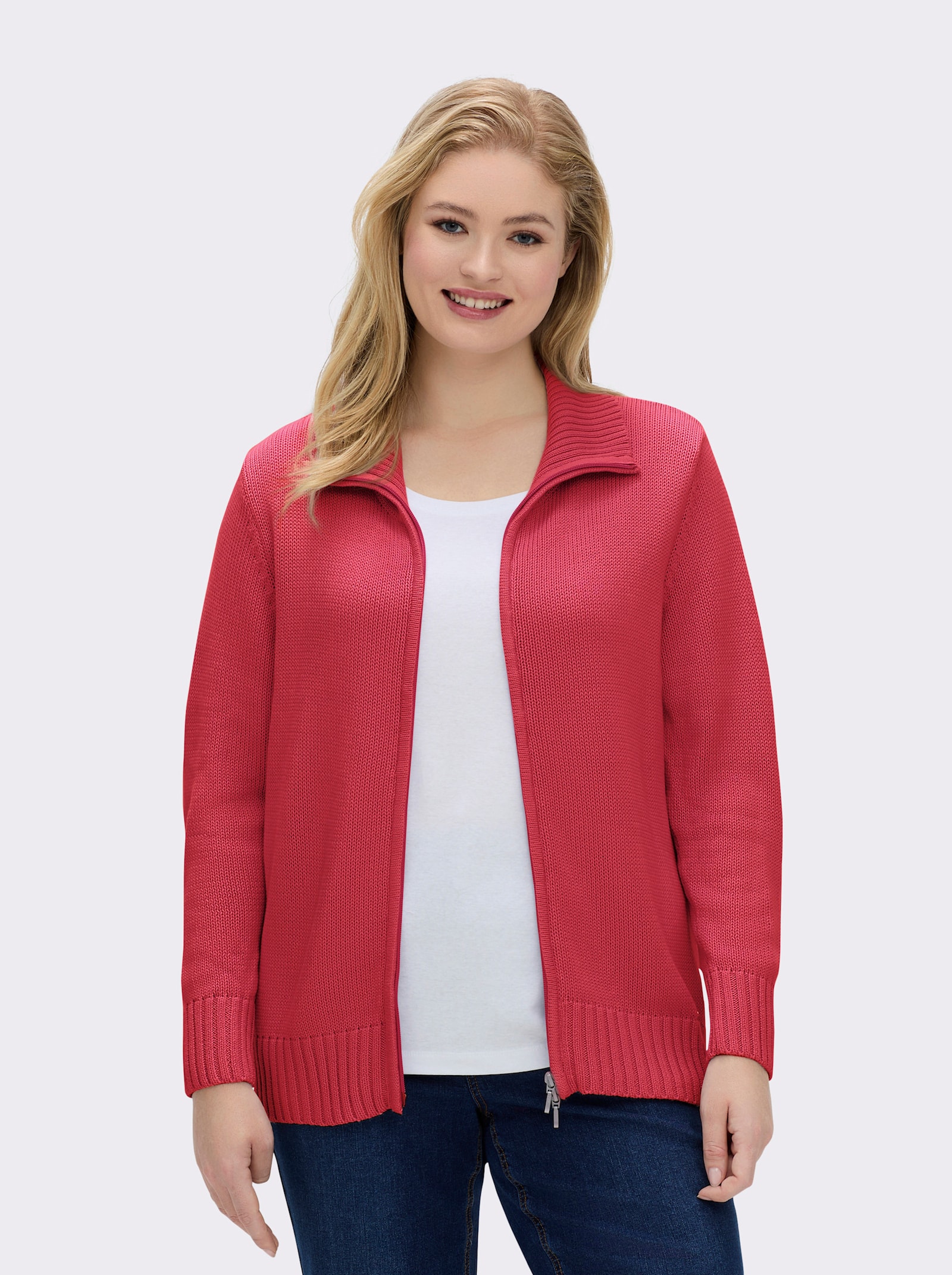 Strickjacke mit 2-Wege-Reißverschluss - korallenrot