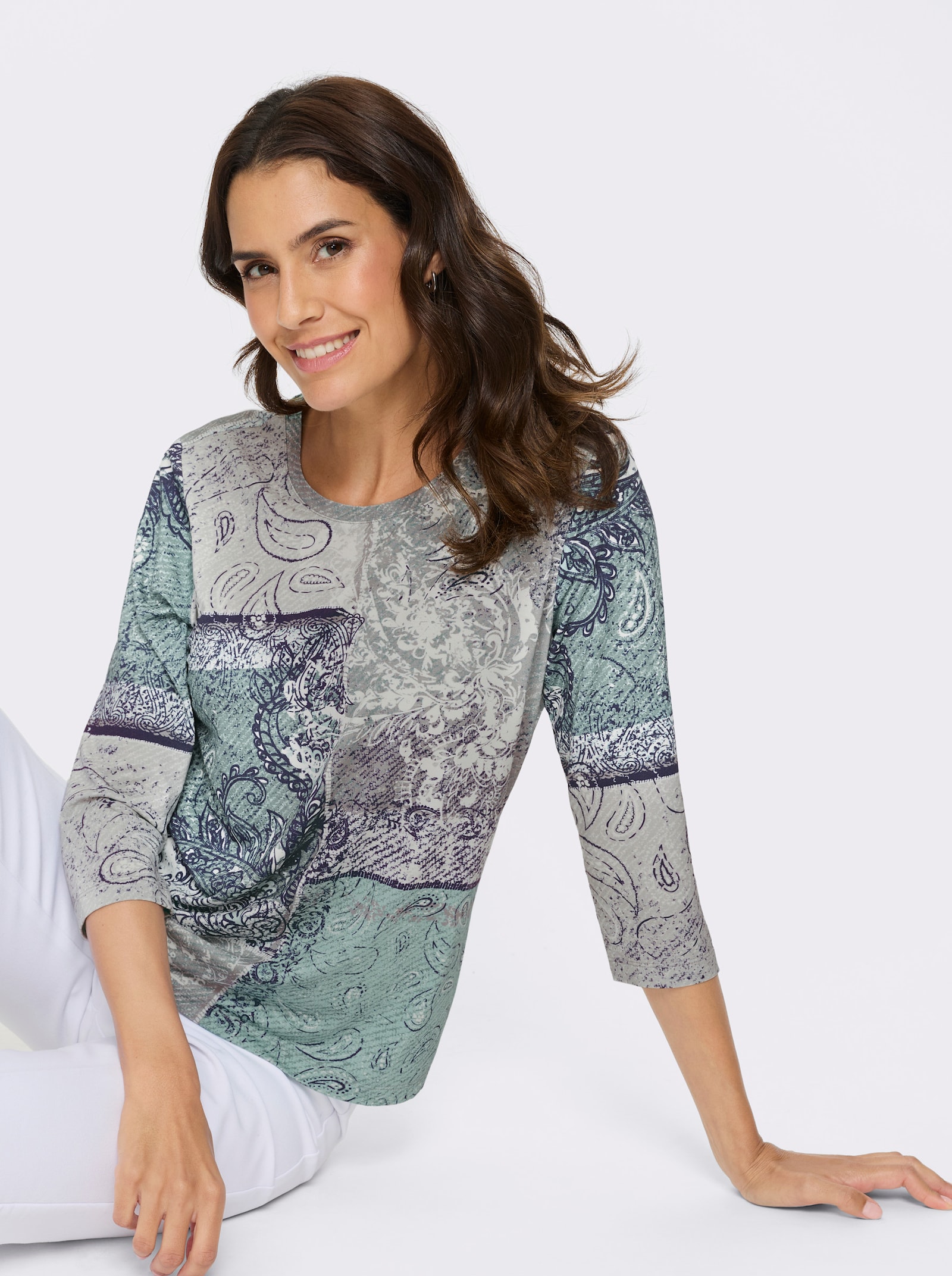 3/4-Arm-Shirt in Patchwork-Dessin - kalkmint-weiß-bedruckt
